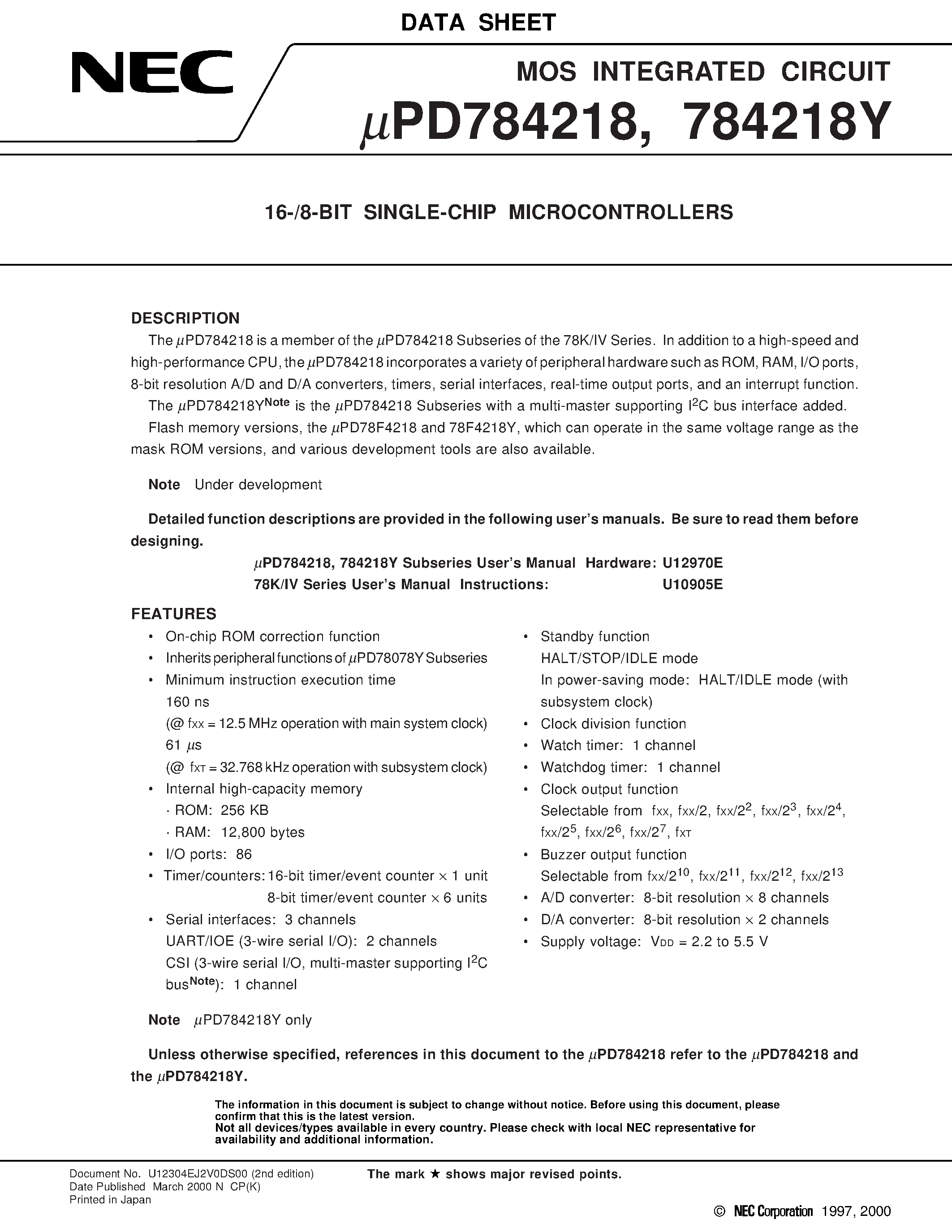 Даташит UPD784218 - 16-/8-BIT SINGLE-CHIP MICROCONTROLLERS страница 1