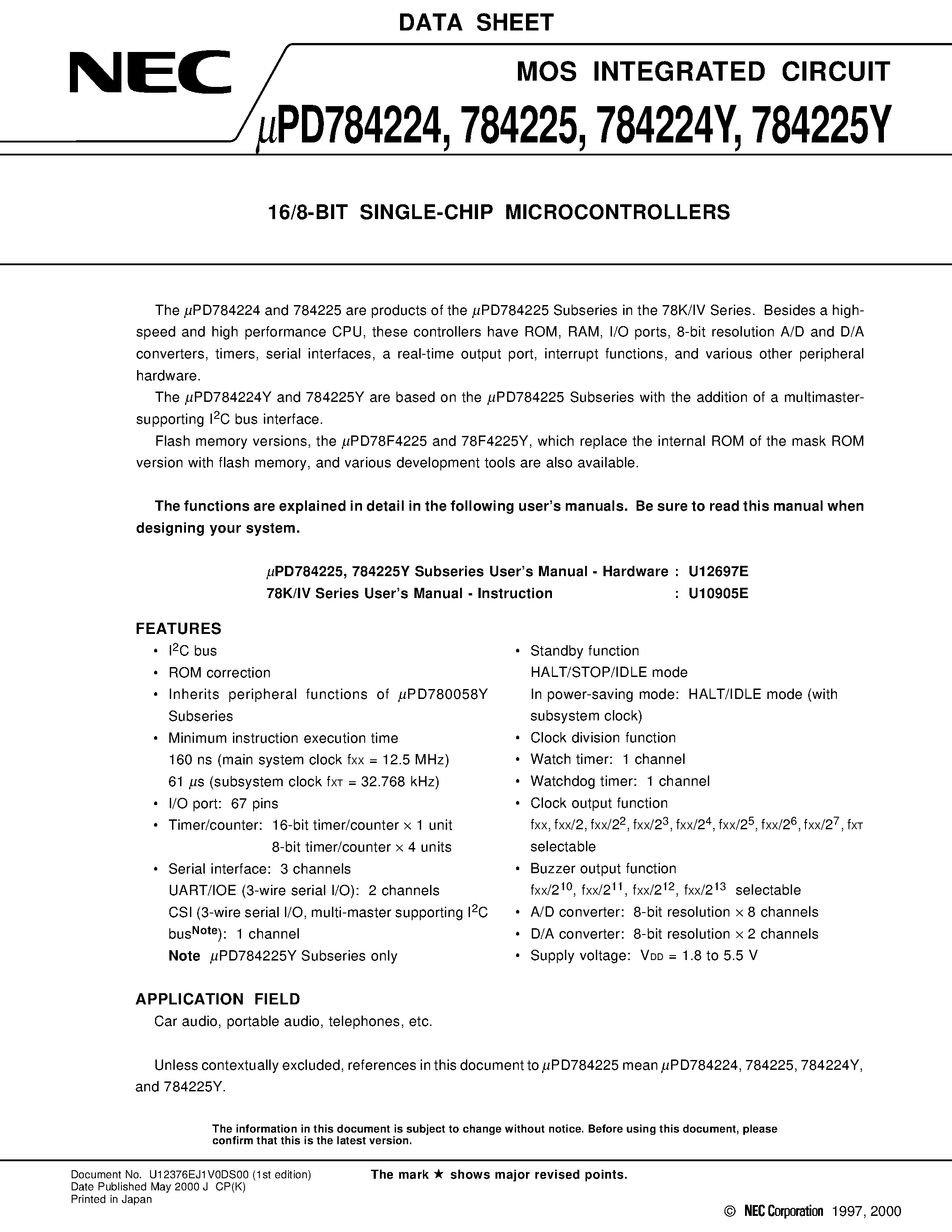 Даташит UPD784224 - 16/8-BIT SINGLE-CHIP MICROCONTROLLERS страница 1