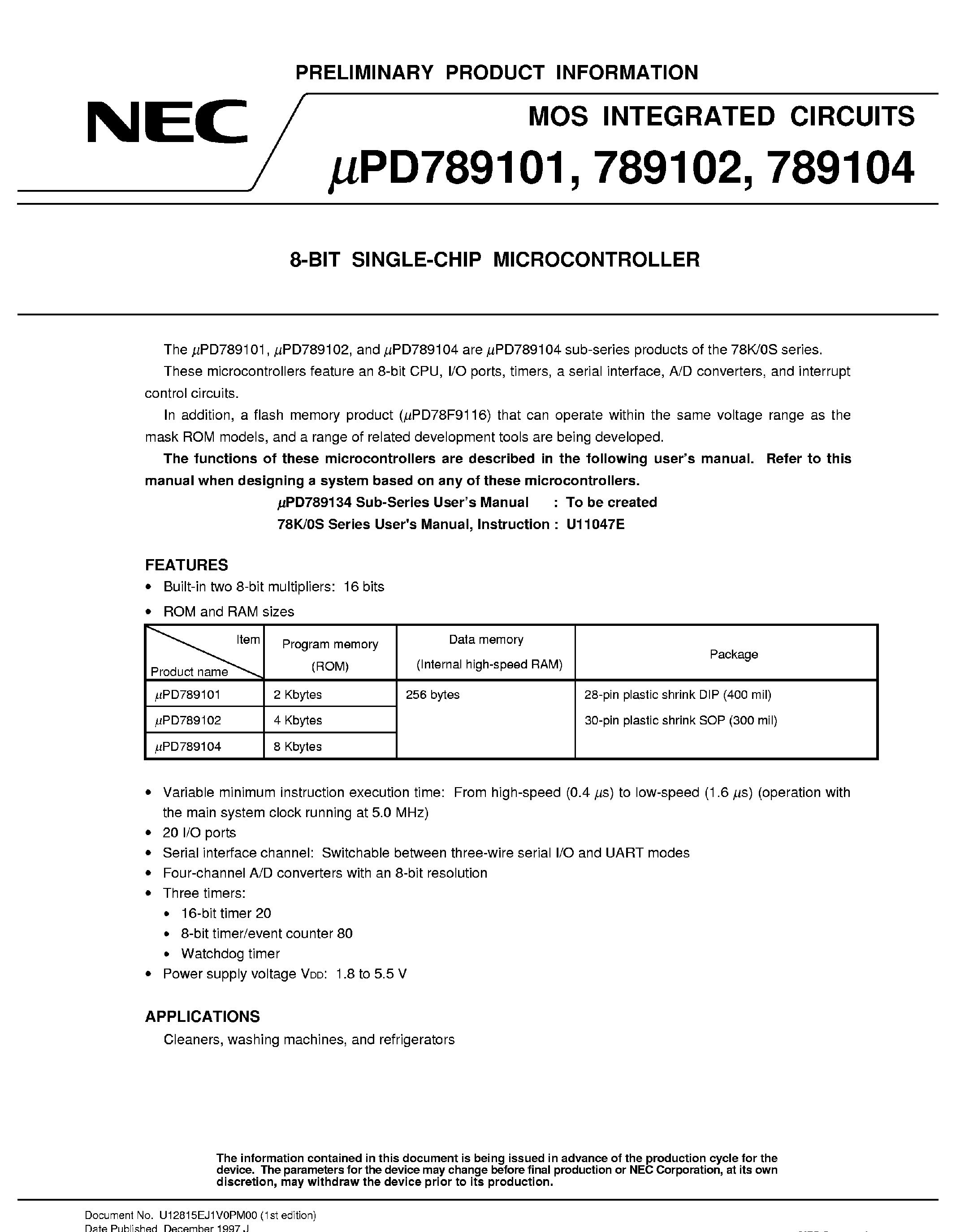 Даташит UPD789101CT - 8-BIT SINGLE-CHIP MICROCONTROLLER страница 1