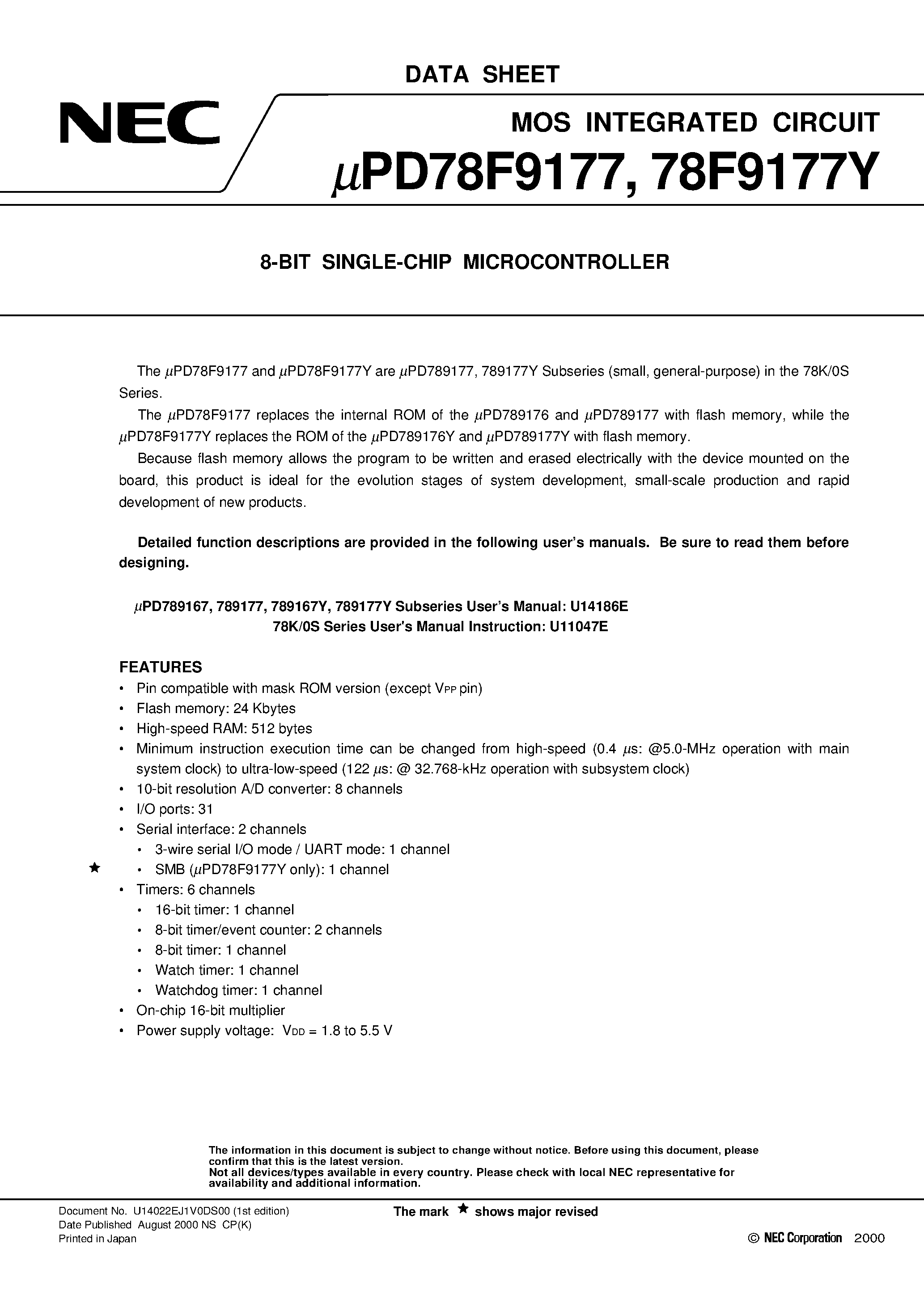 Даташит UPD78F9177 - 8-BIT SINGLE-CHIP MICROCONTROLLER страница 1