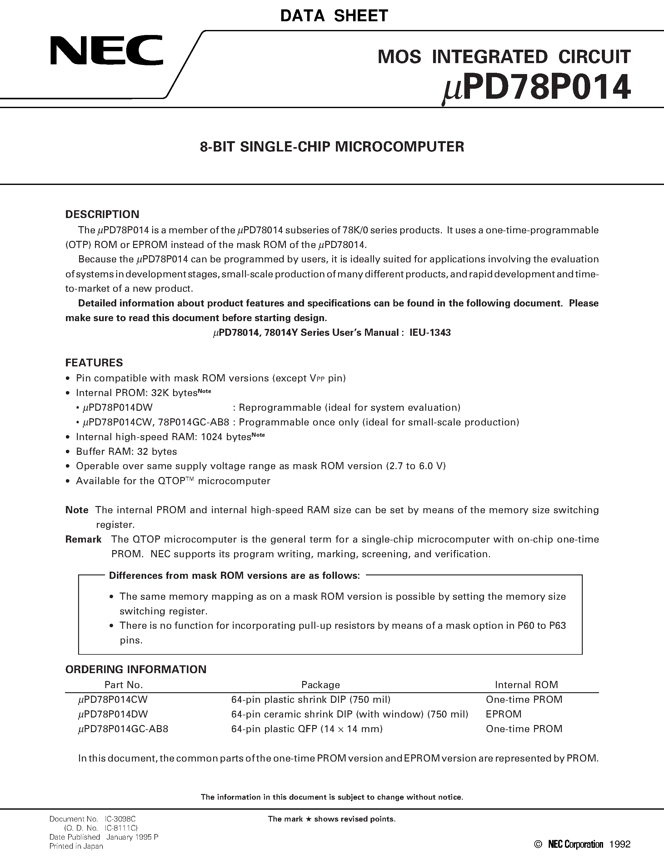 Даташит UPD78P014 - 8-BIT SINGLE-CHIP MICROCOMPUTER страница 1