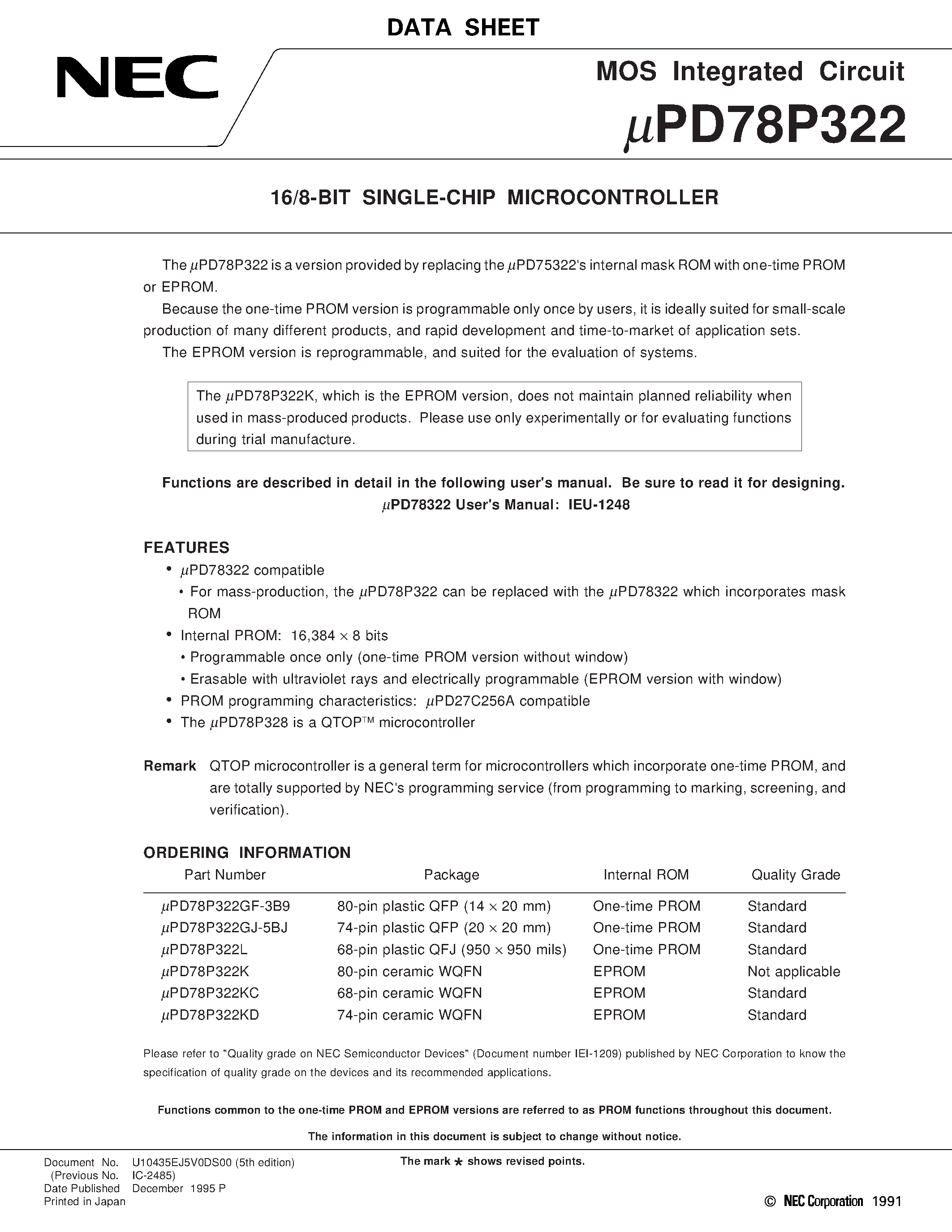 Даташит UPD78P322 - 16/8-BIT SINGLE-CHIP MICROCONTROLLER страница 1