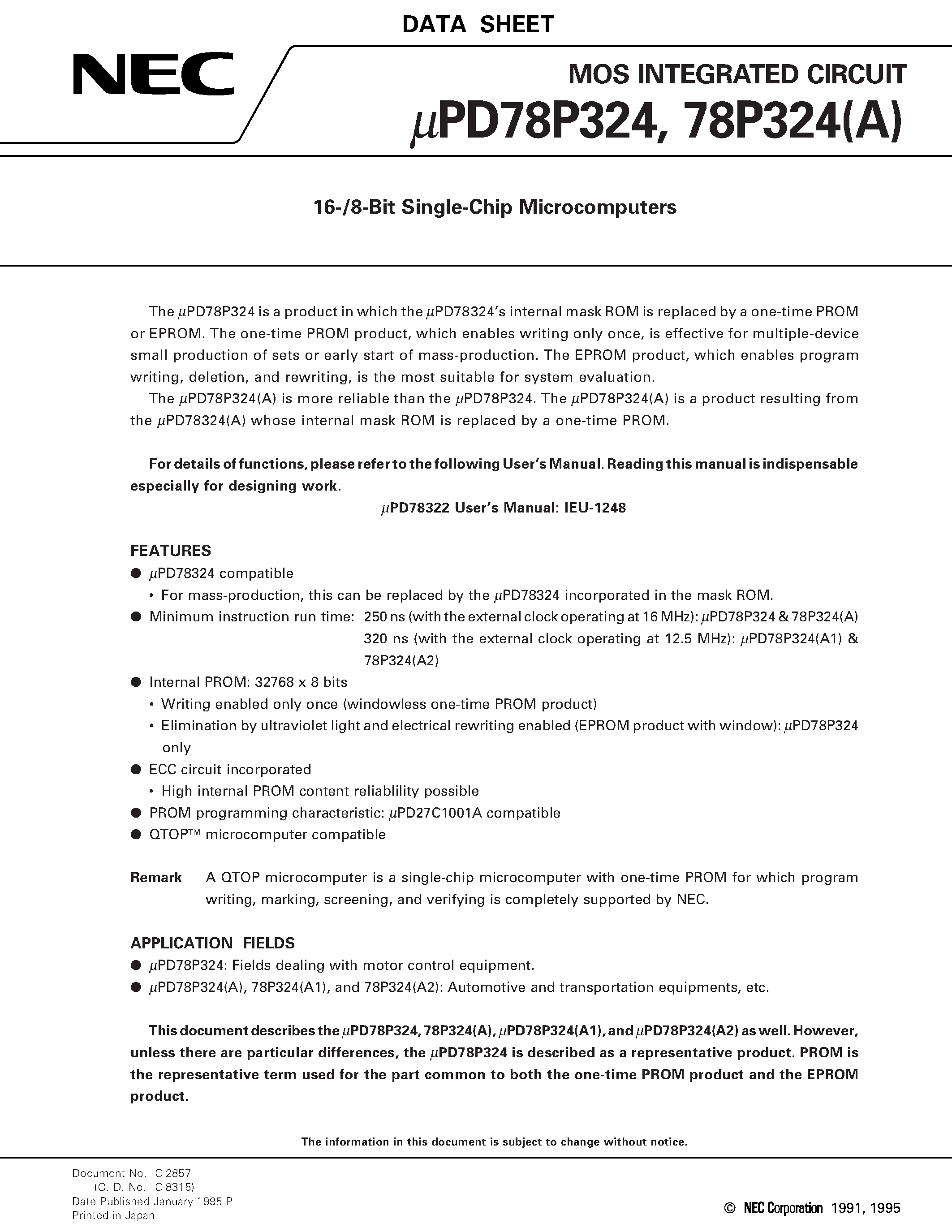 Даташит UPD78P324 - 16-/8-Bit Single-Chip Microcomputers страница 1