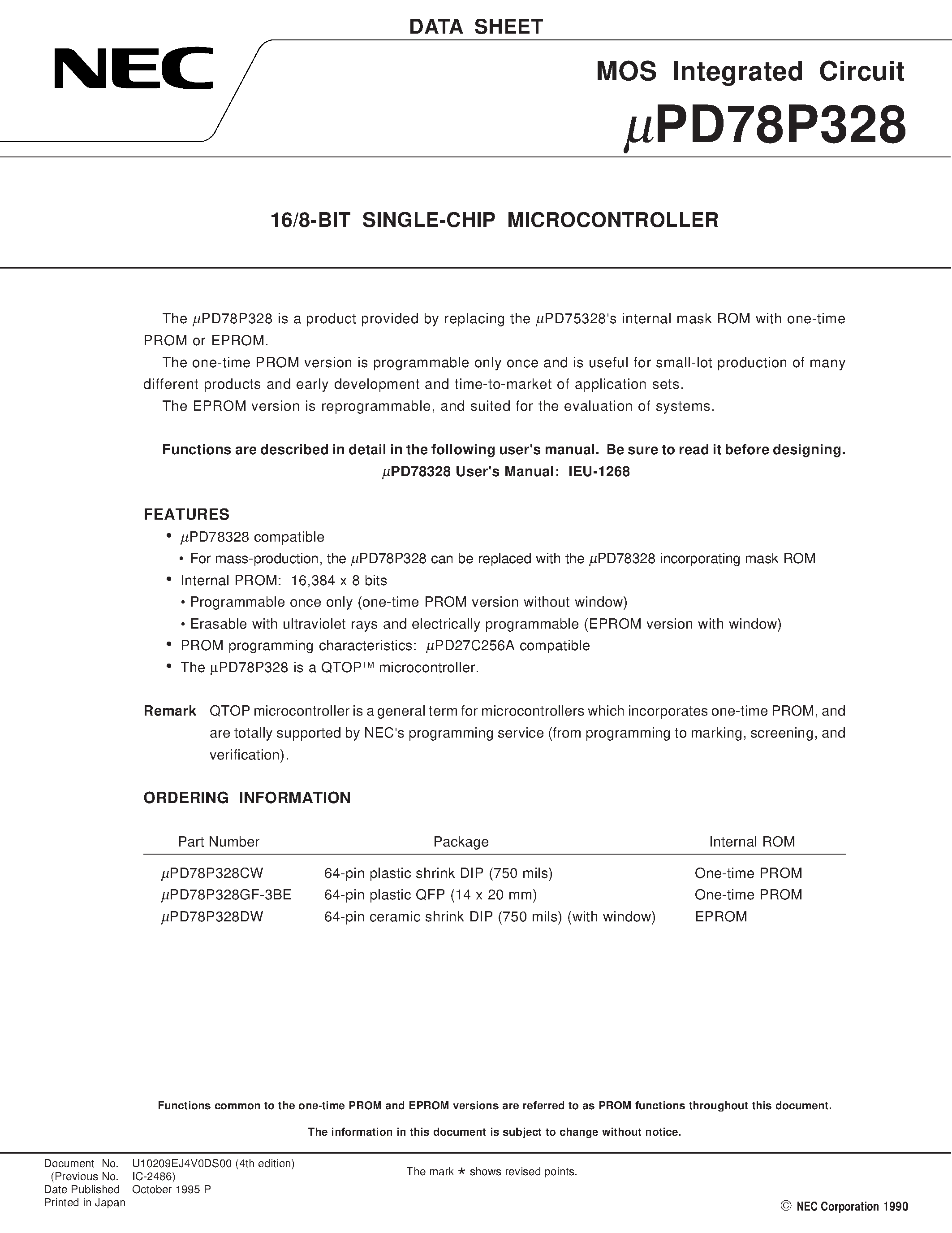 Даташит UPD78P328 - 16/8-BIT SINGLE-CHIP MICROCONTROLLER страница 1