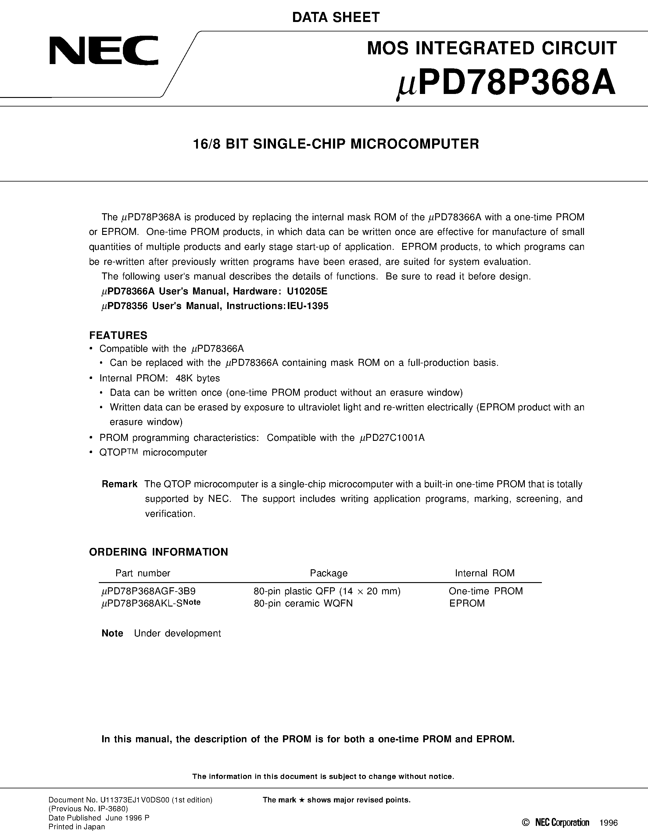 Даташит UPD78P368A - 16/8 BIT SINGLE-CHIP MICROCOMPUTER страница 1