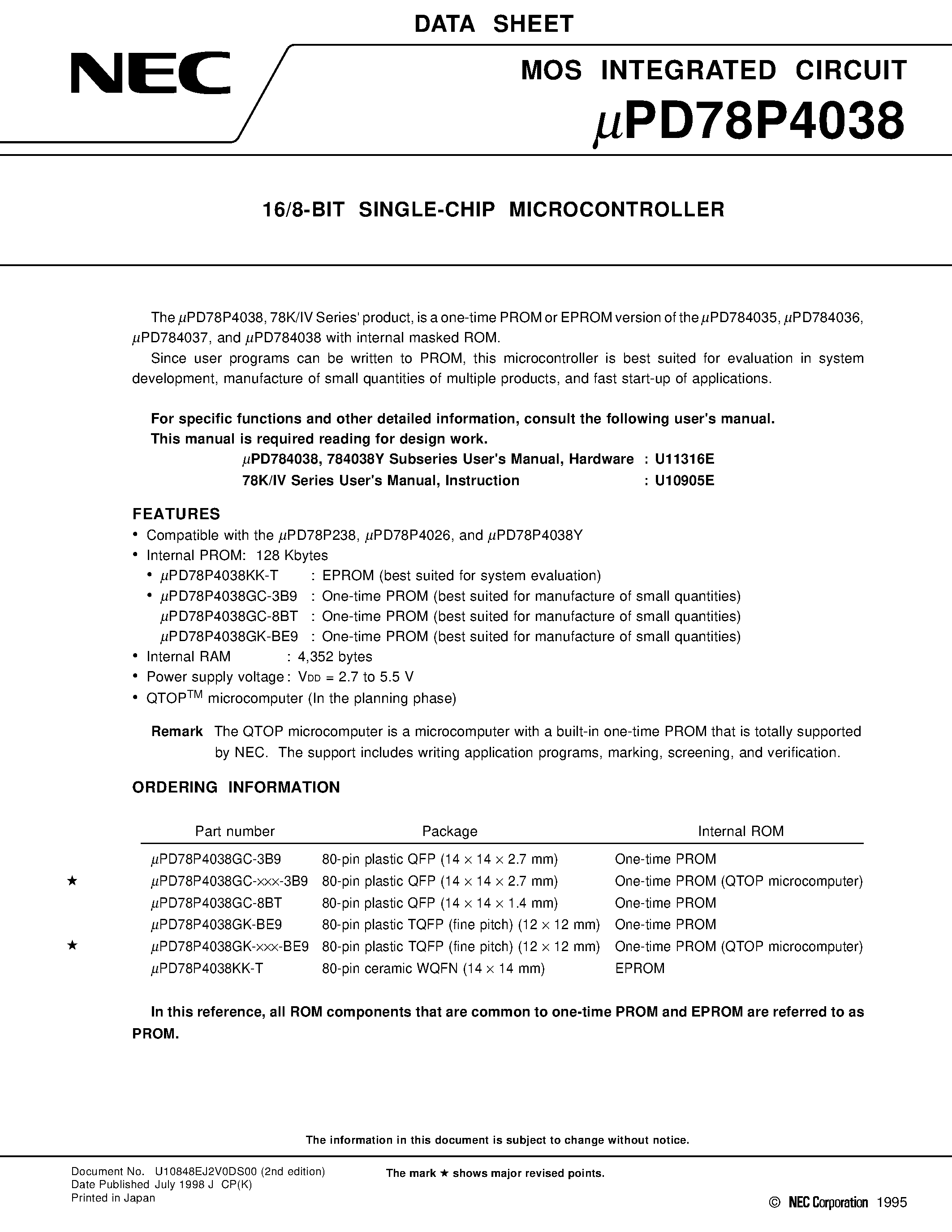 Даташит UPD78P4038 - 16/8-BIT SINGLE-CHIP MICROCONTROLLER страница 1