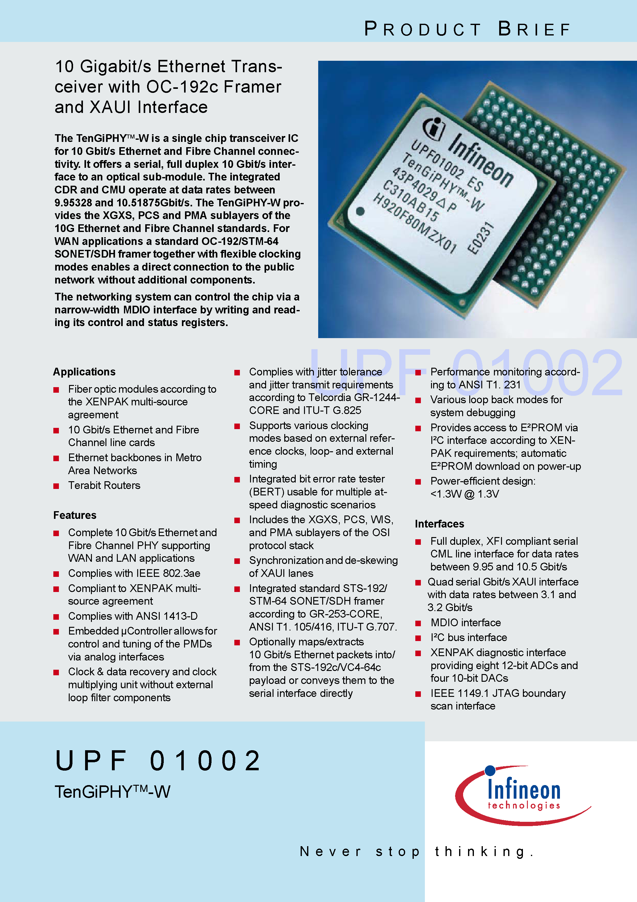 Даташит UPF01002 - 10 Gigabit/s Ethernet Transceiver with OC-192c Framer and XAUI Interface страница 1