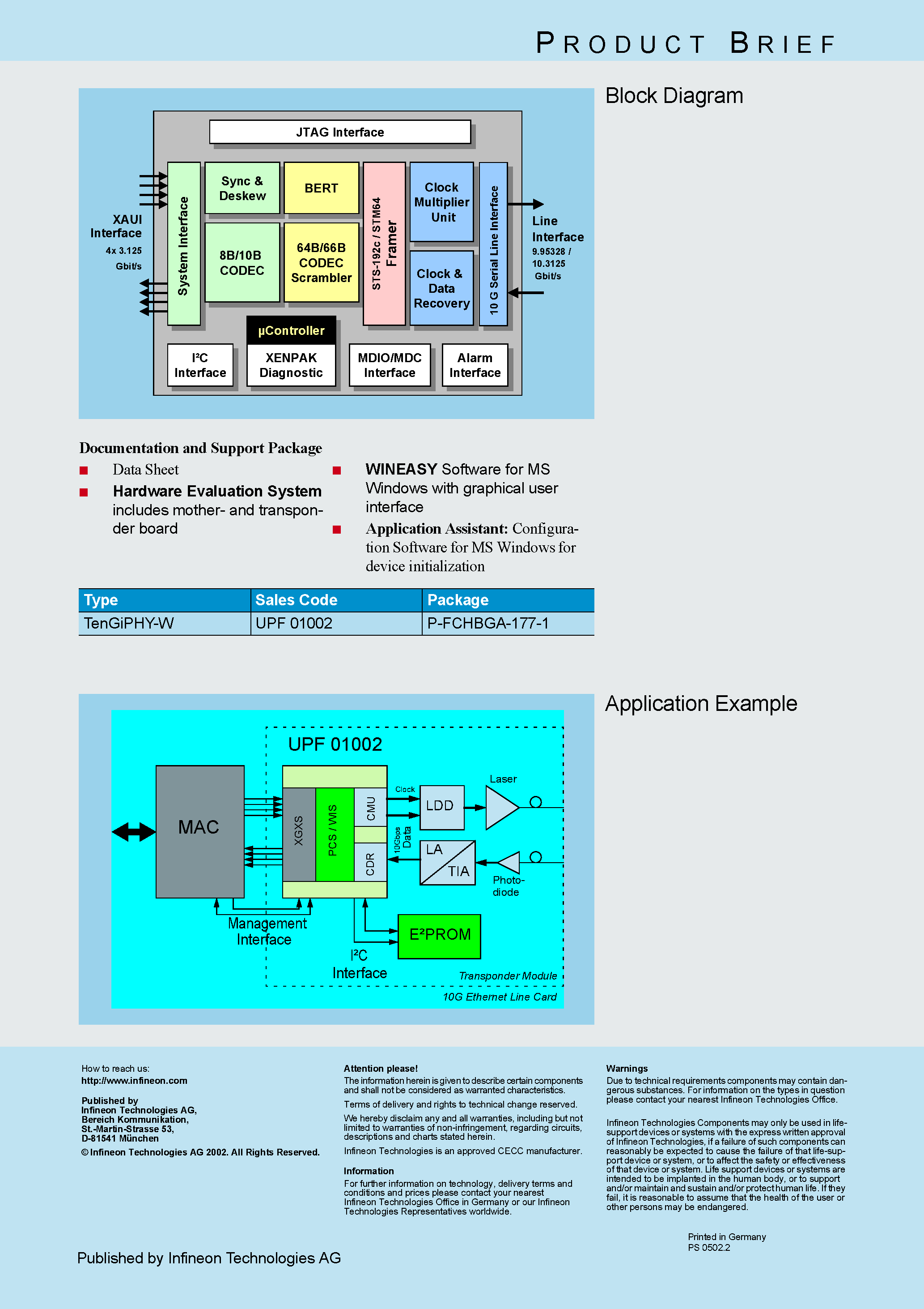 Даташит UPF01002 - 10 Gigabit/s Ethernet Transceiver with OC-192c Framer and XAUI Interface страница 2