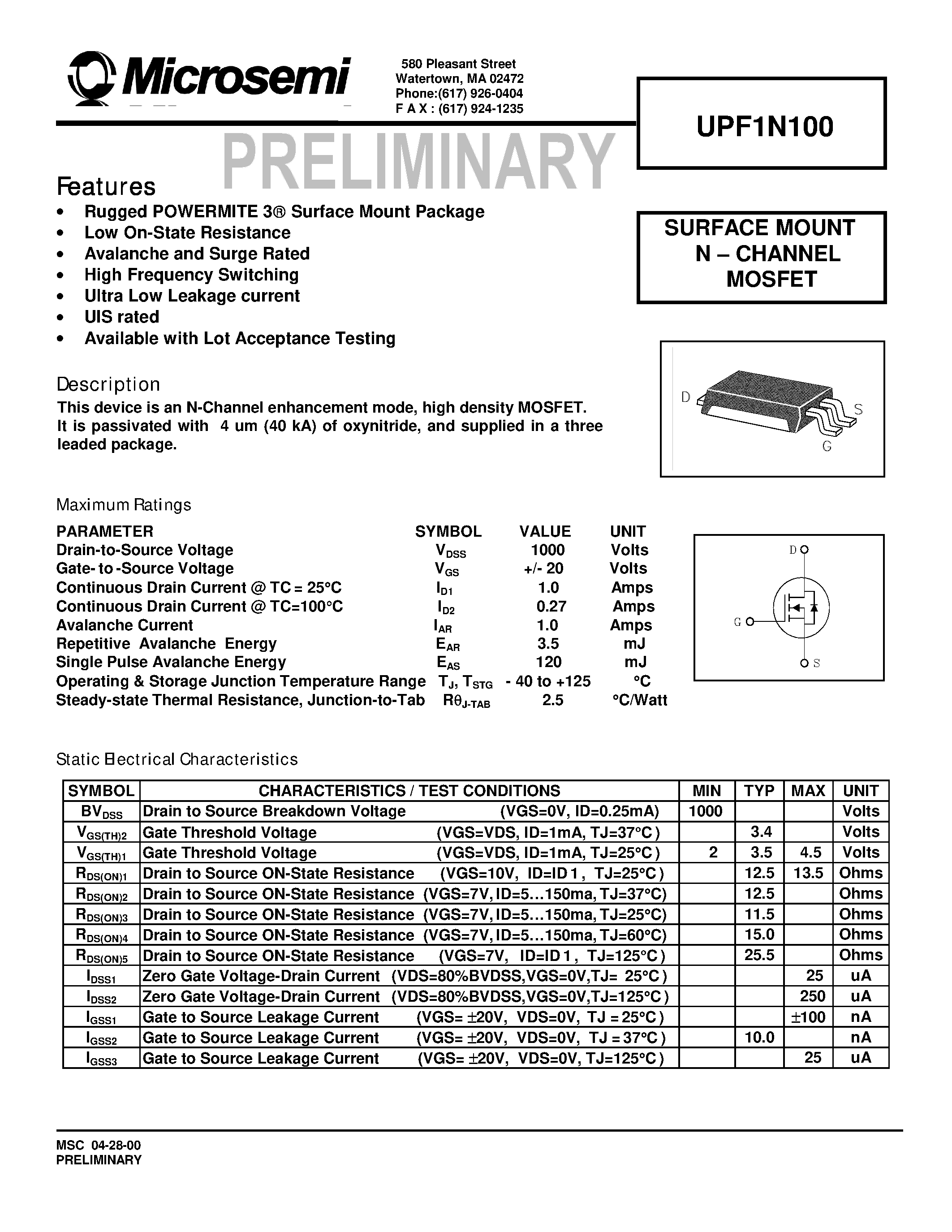 Даташит UPF1N100 - SURFACE MOUNT N . CHANNEL MOSFET страница 1