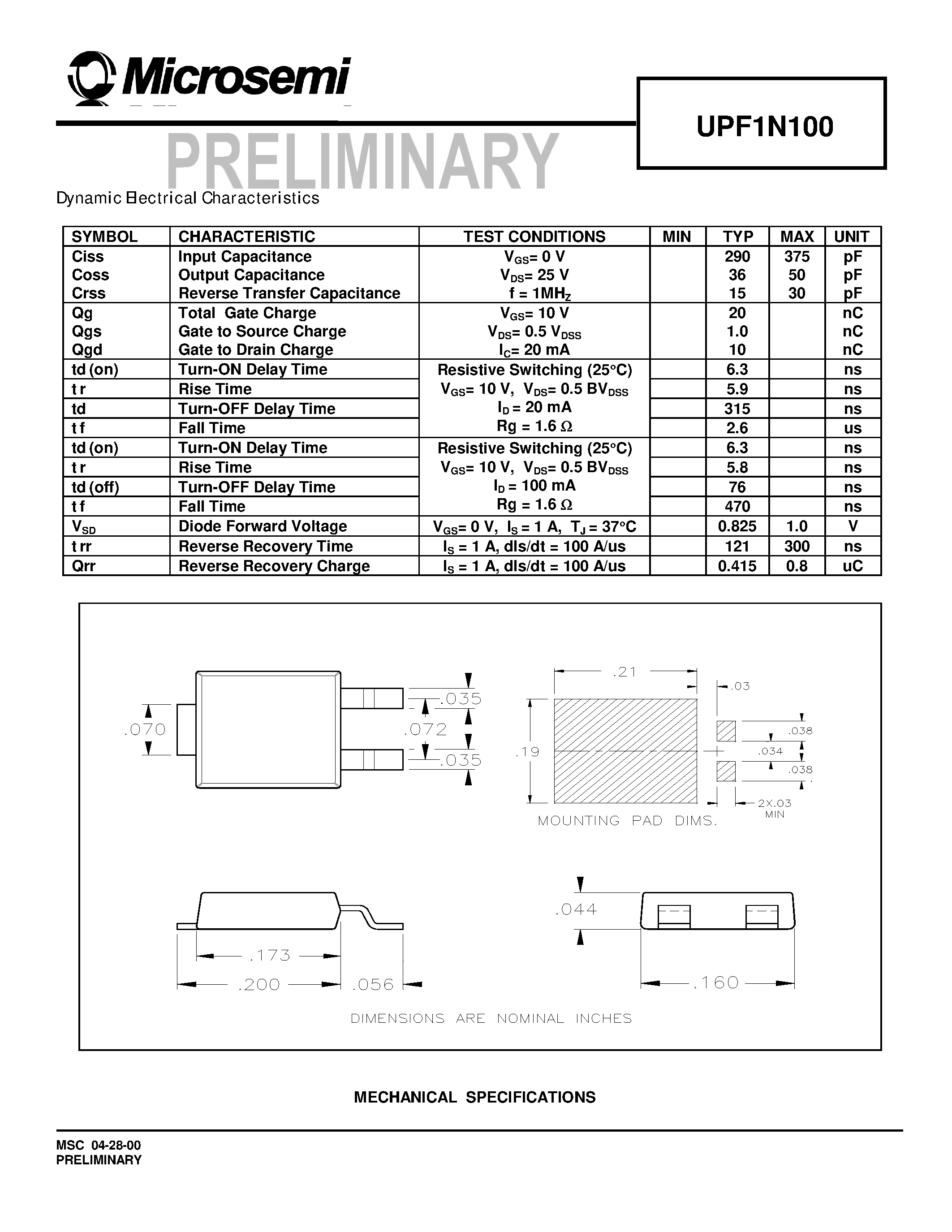 Даташит UPF1N100 - SURFACE MOUNT N . CHANNEL MOSFET страница 2