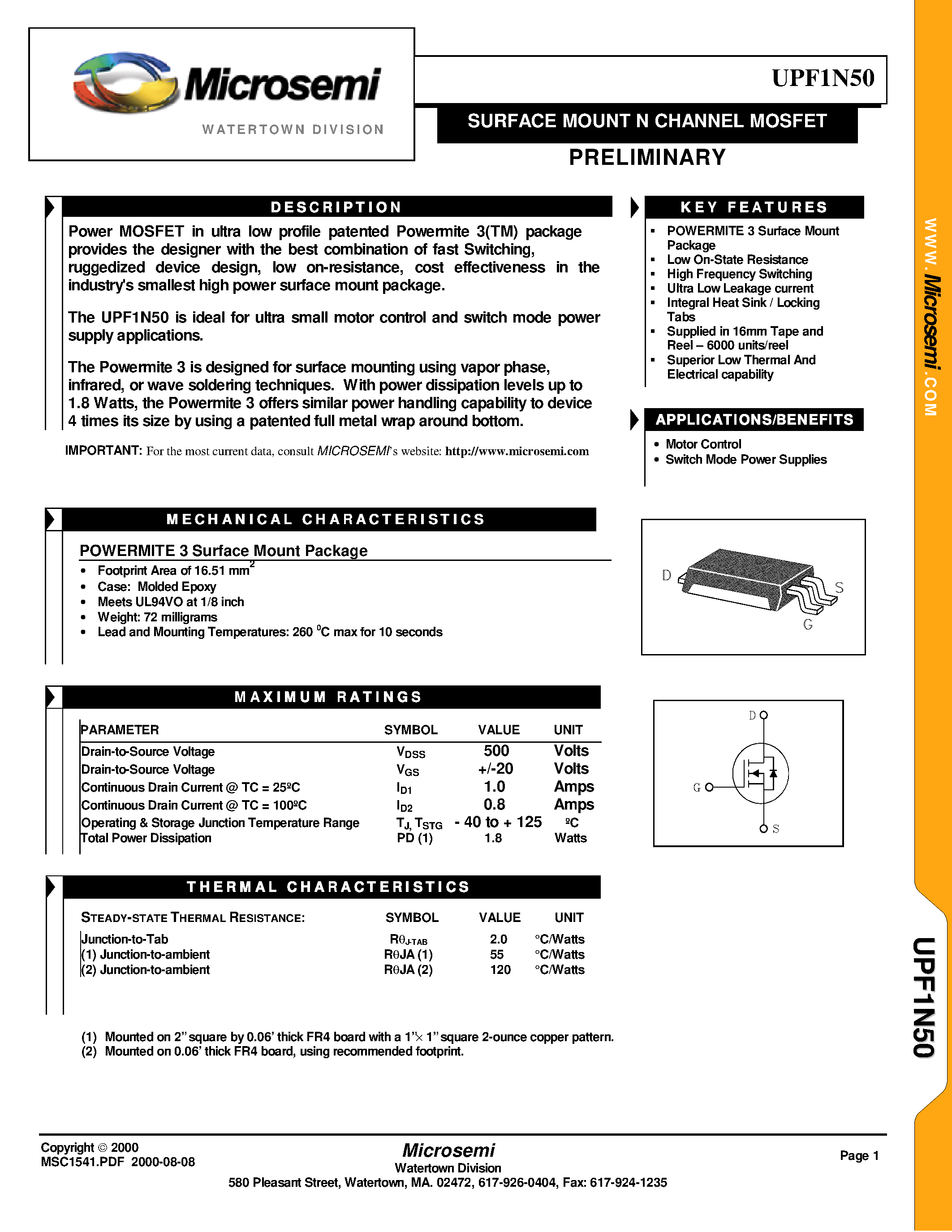 Даташит UPF1N50 - SURFACE MOUNT N CHANNEL MOSFET страница 1