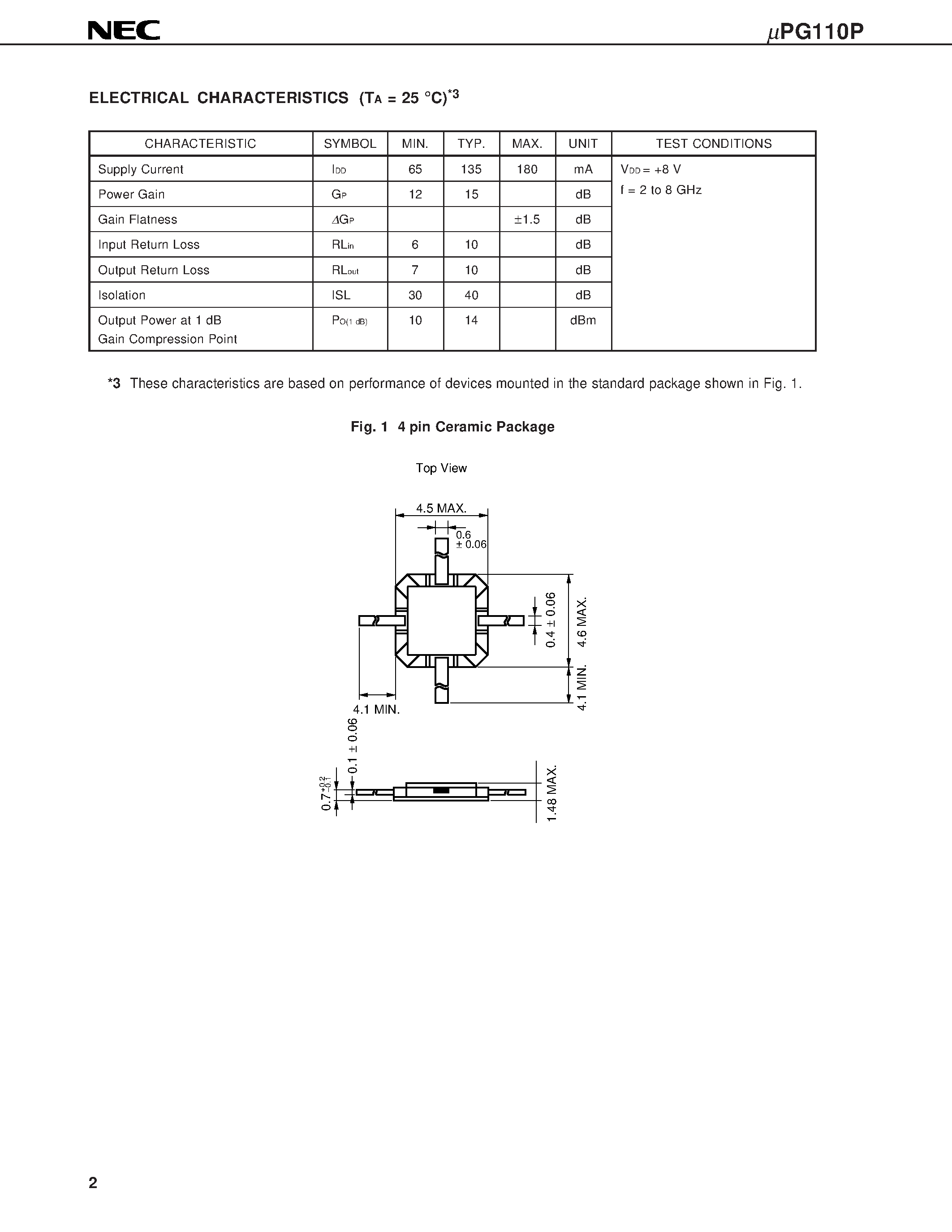 Даташит UPG110P - 2 to 8 GHz WIDE BAND AMPLIFIER CHIP страница 2