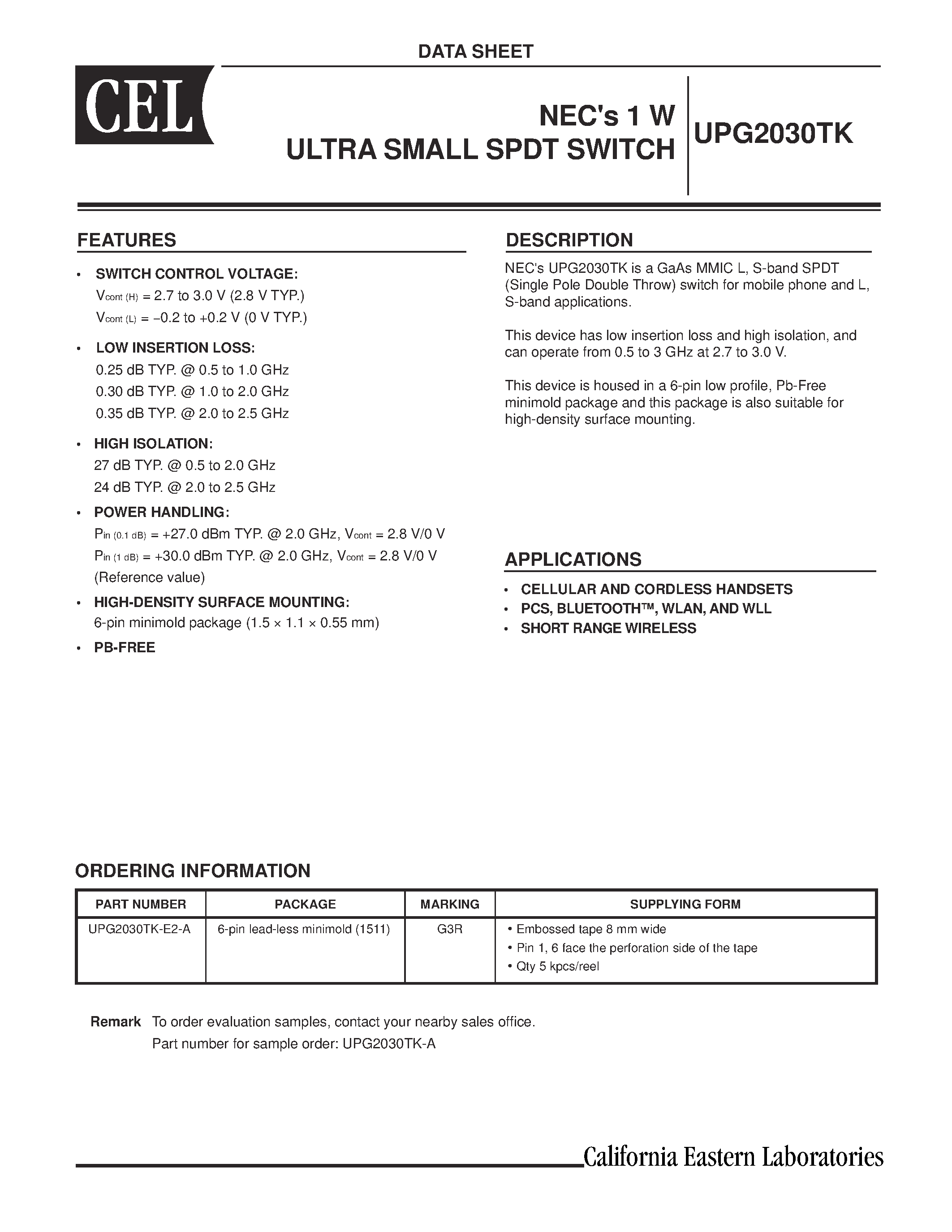 Даташит UPG2030TK - NECs 1 W ULTRA SMALL SPDT SWITCH страница 1