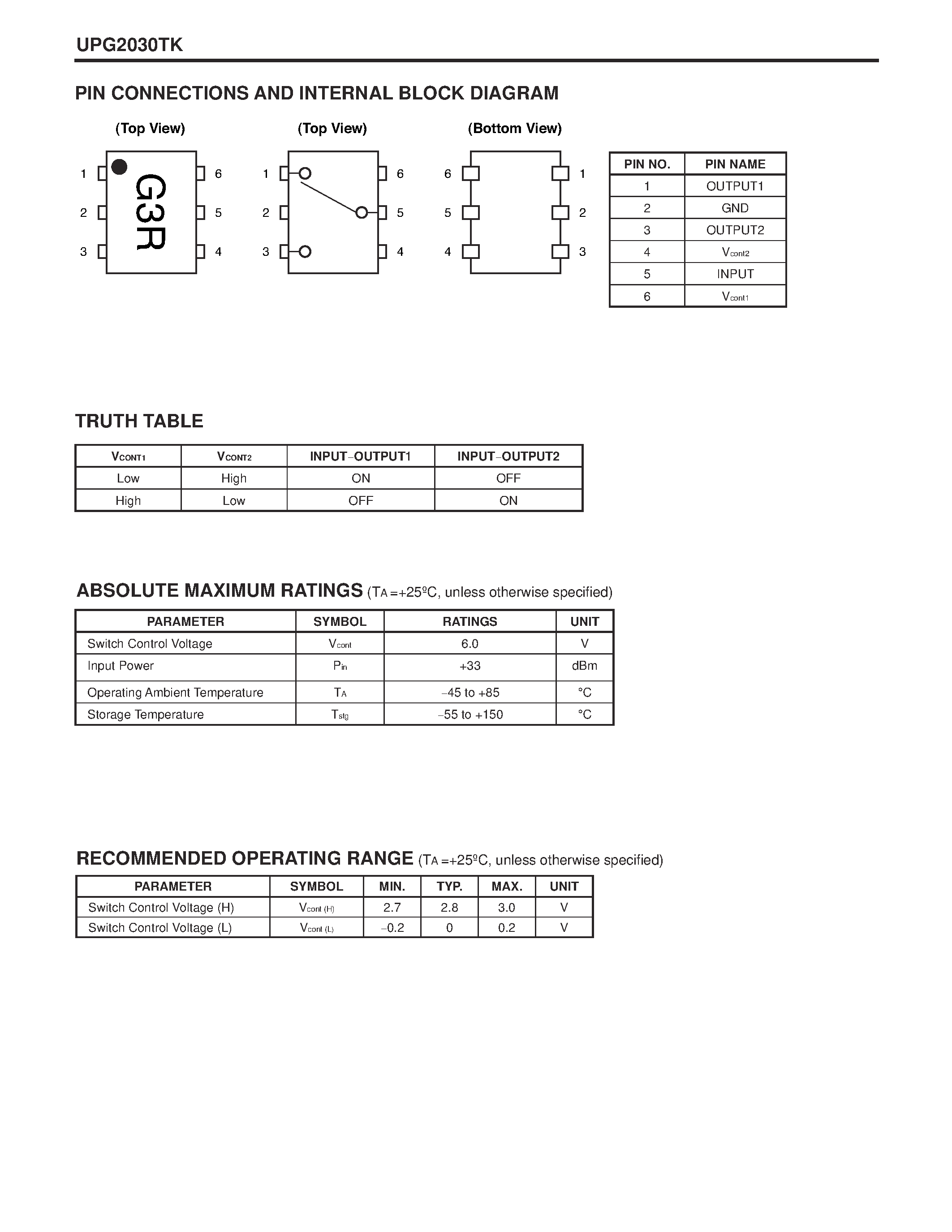 Даташит UPG2030TK - NECs 1 W ULTRA SMALL SPDT SWITCH страница 2