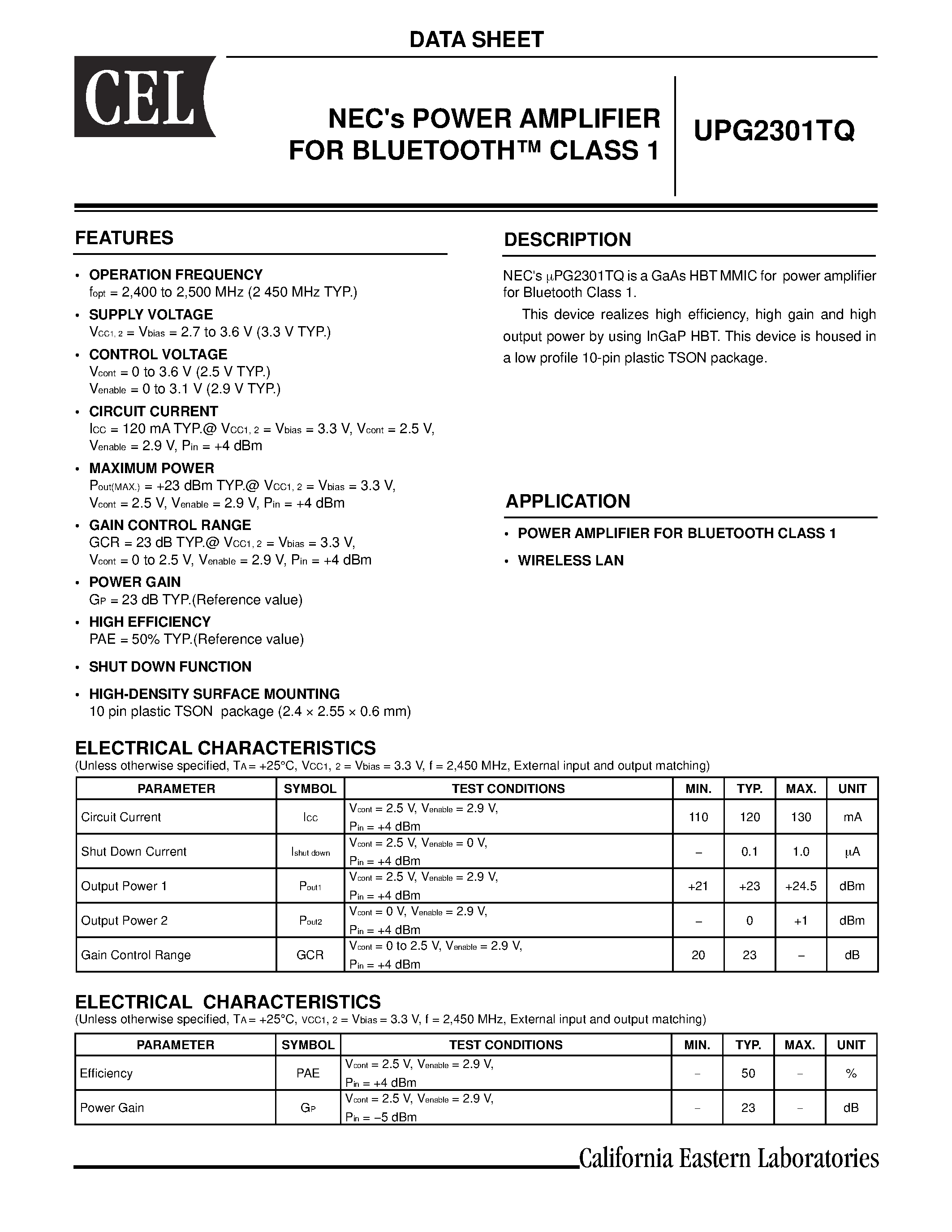 Даташит UPG2301TQ - NECs POWER AMPLIFIER FOR BLUETOOH CLASS 1 страница 1