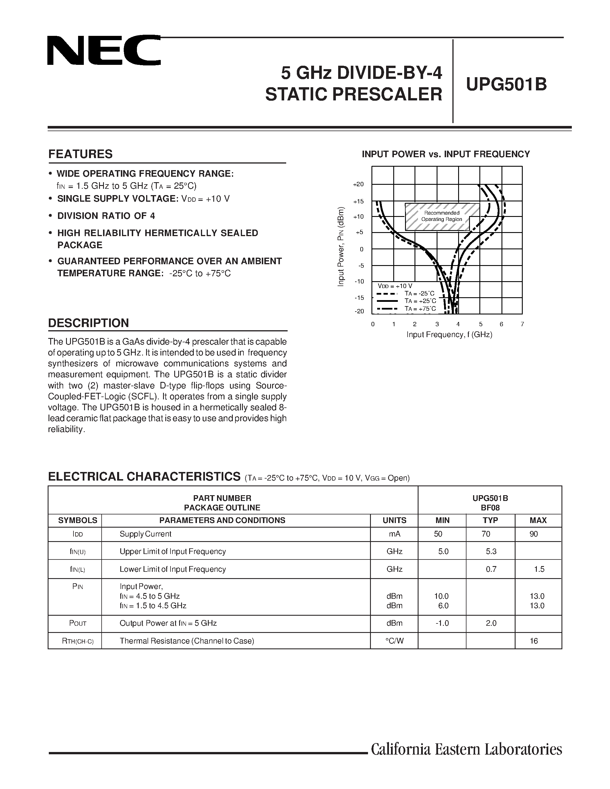 Даташит UPG501 - 5 GHz DIVIDE-BY-4 STATIC PRESCALER страница 1