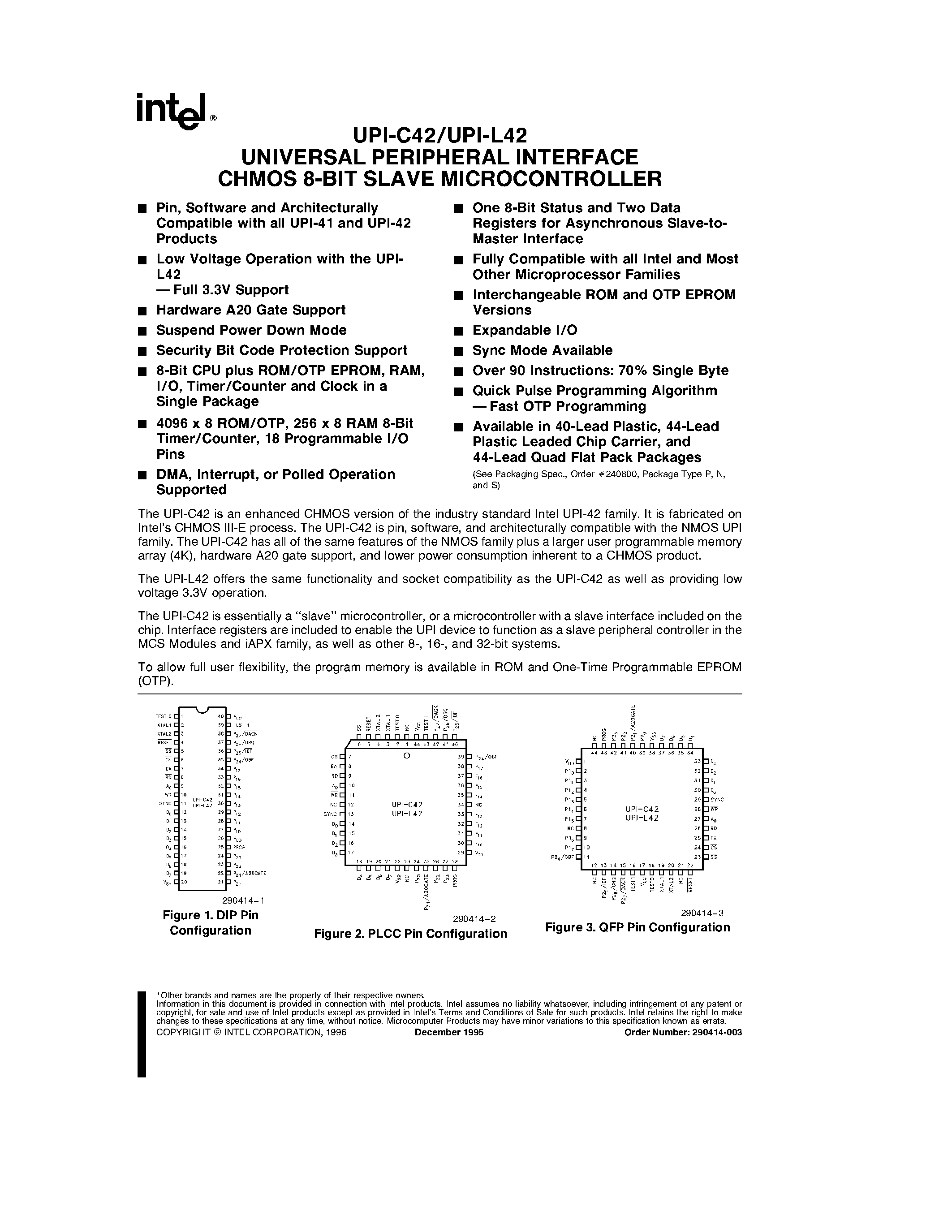 Даташит UPI-C42 - UNIVERSAL PERIPHERAL INTERFACE CHMOS 8-BIT SLAVE MICROCONTROLLER страница 1