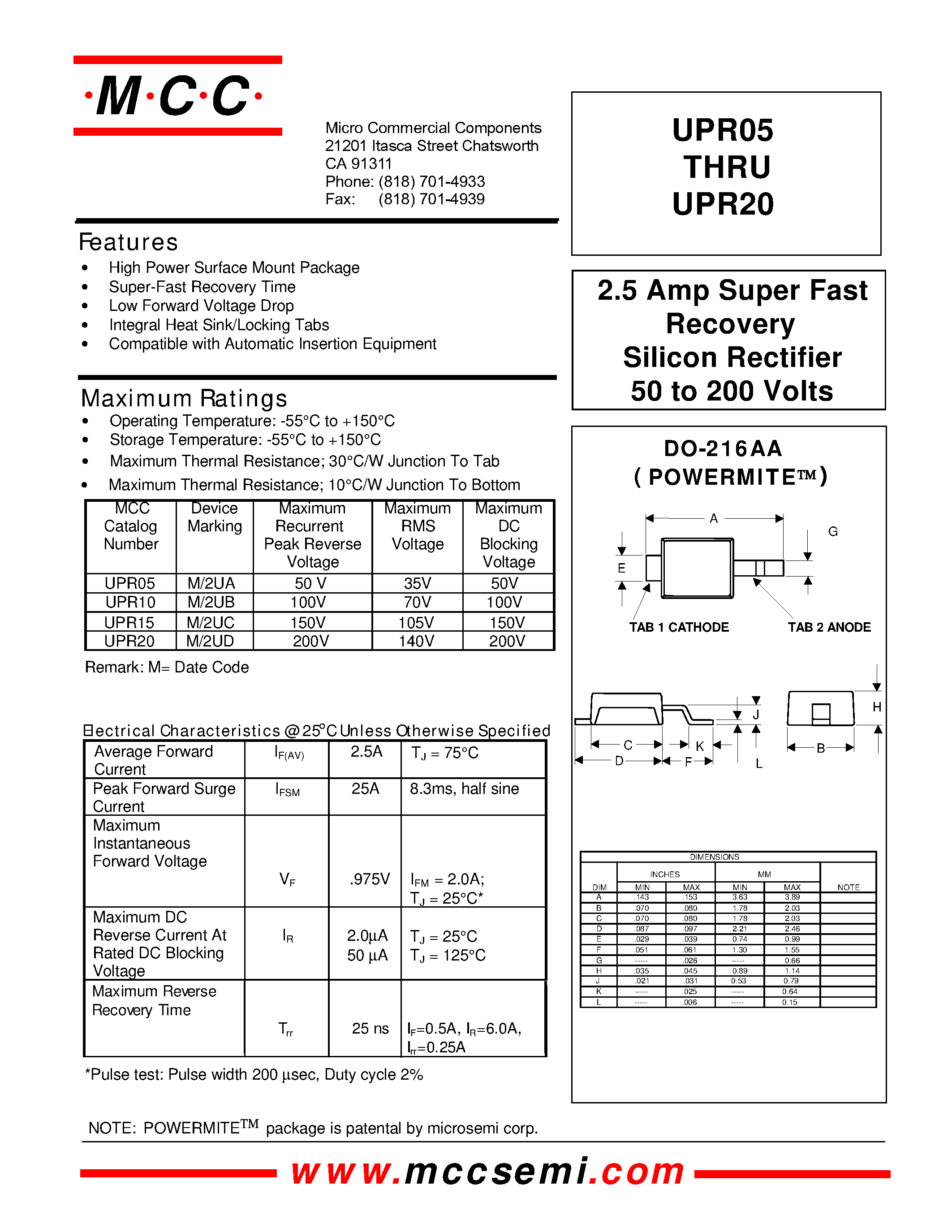 Datasheet UPR05 - 2.5 Amp Super Fast Recovery Silicon Rectifier 50 to 200 Volts page 1