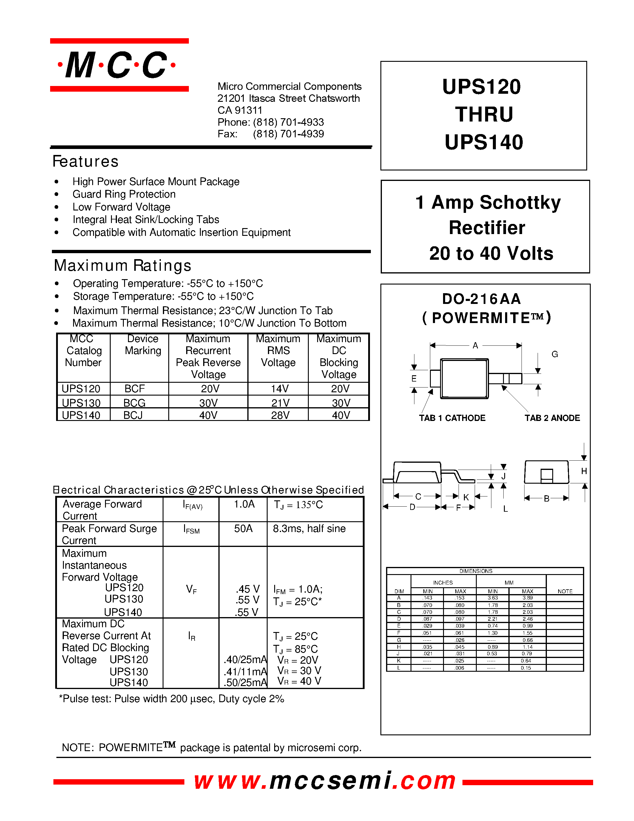 Даташит UPS120 - 1 Amp Schottky Rectifier 20 to 40 Volts страница 1