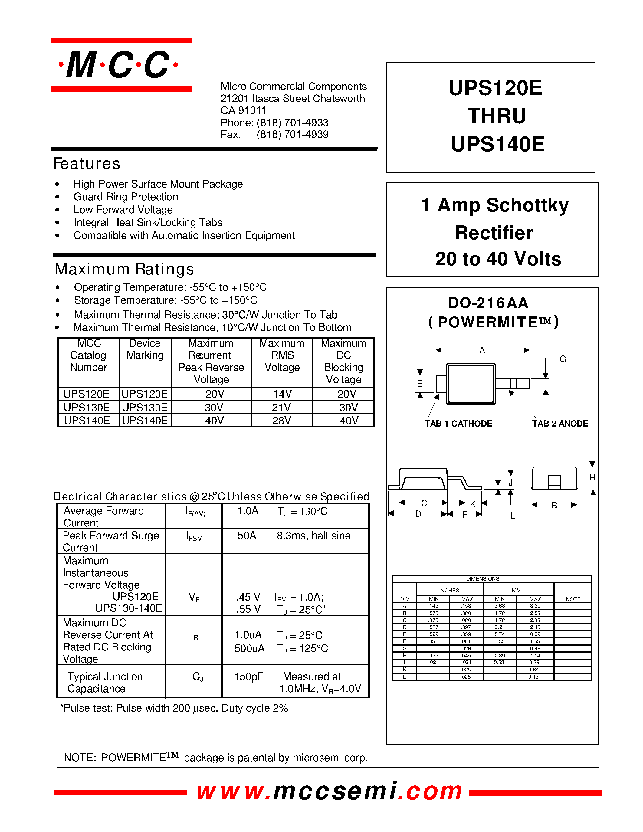 Даташит UPS120E - 1 Amp Schottky Rectifier 20 to 40 Volts страница 1