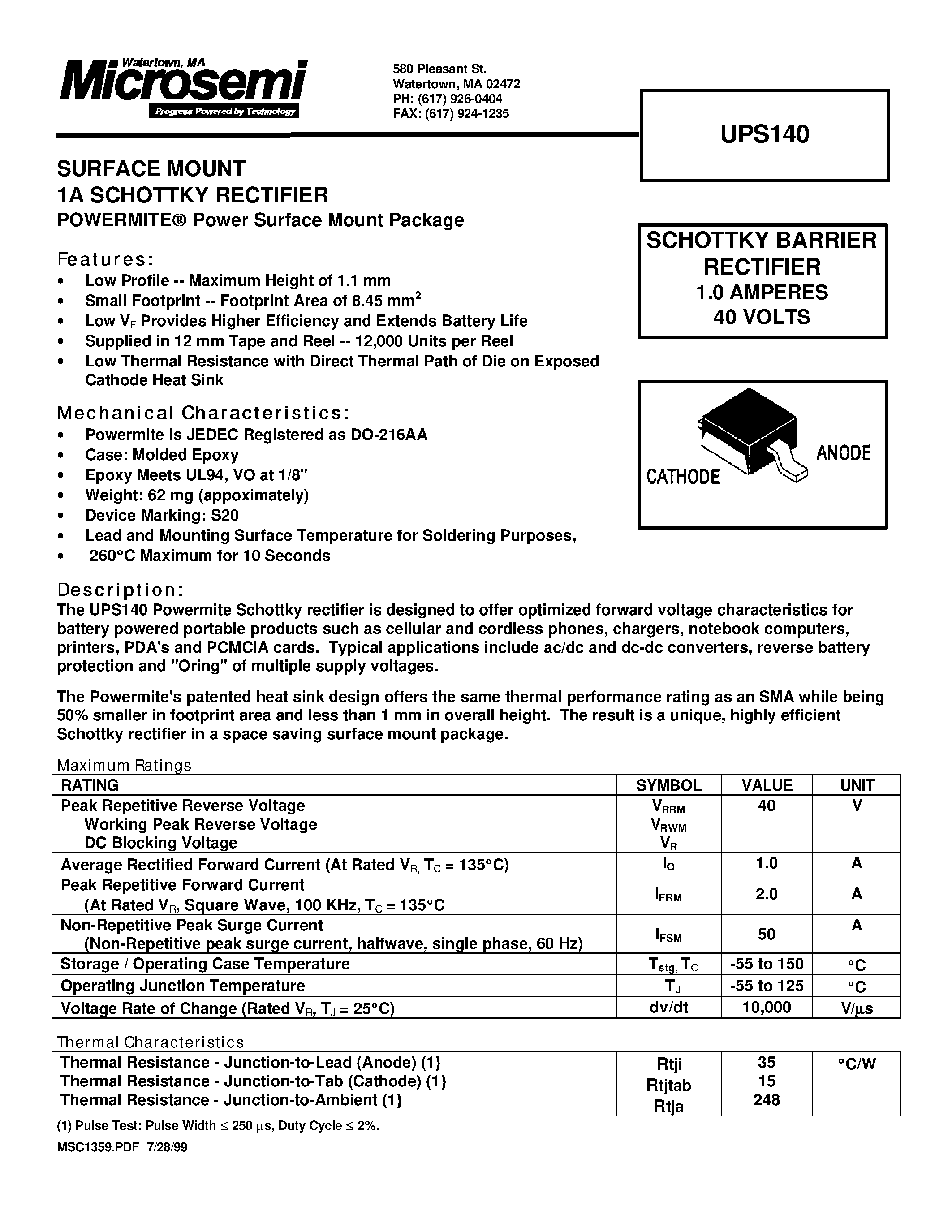 Даташит UPS140 - SCHOTTKY BARRIER RECTIFIER 1.0 AMPERES 40 VOLTS страница 1