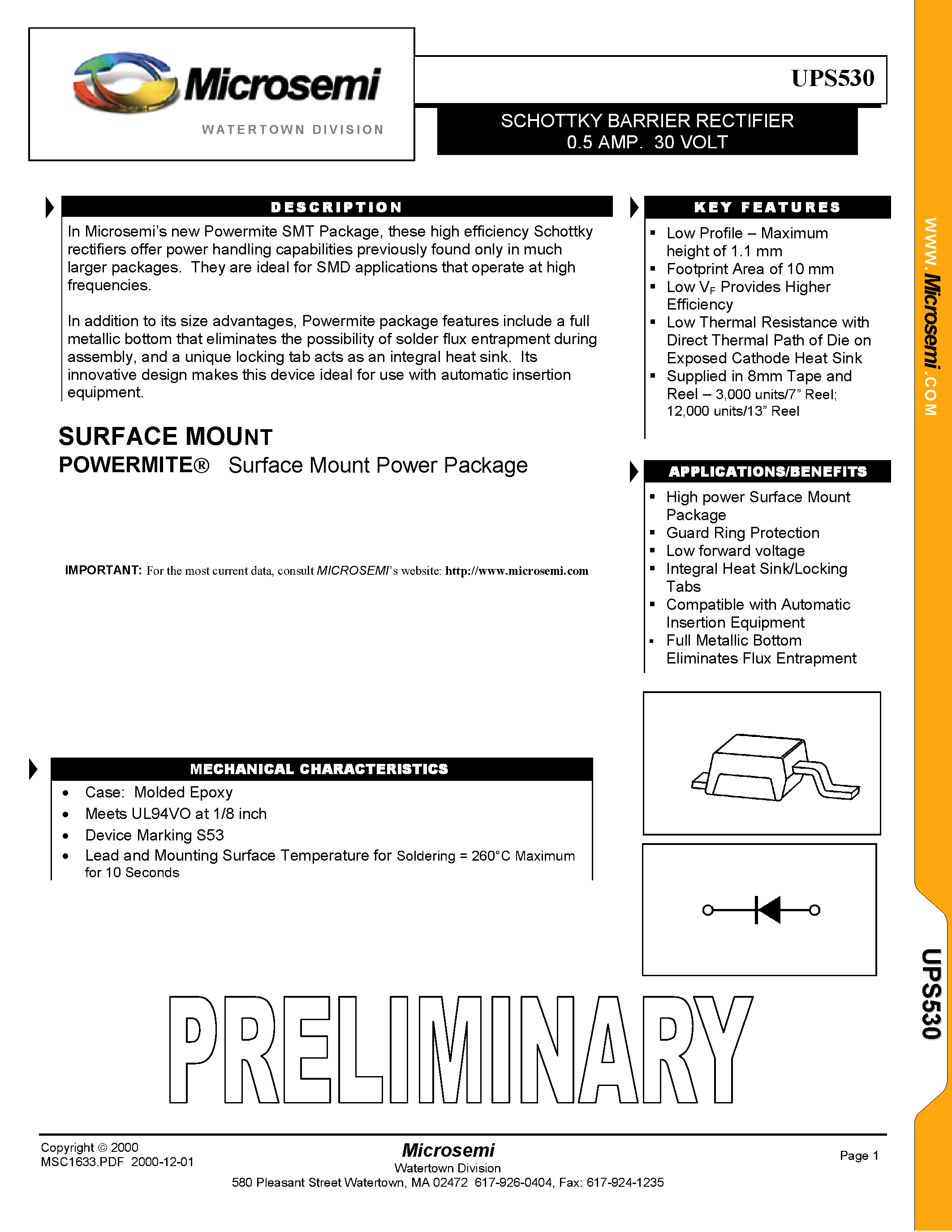 Datasheet UPS530 - SCHOTTKY BARRIER RECTIFIER 0.5 AMP/ 30 VOLT page 1