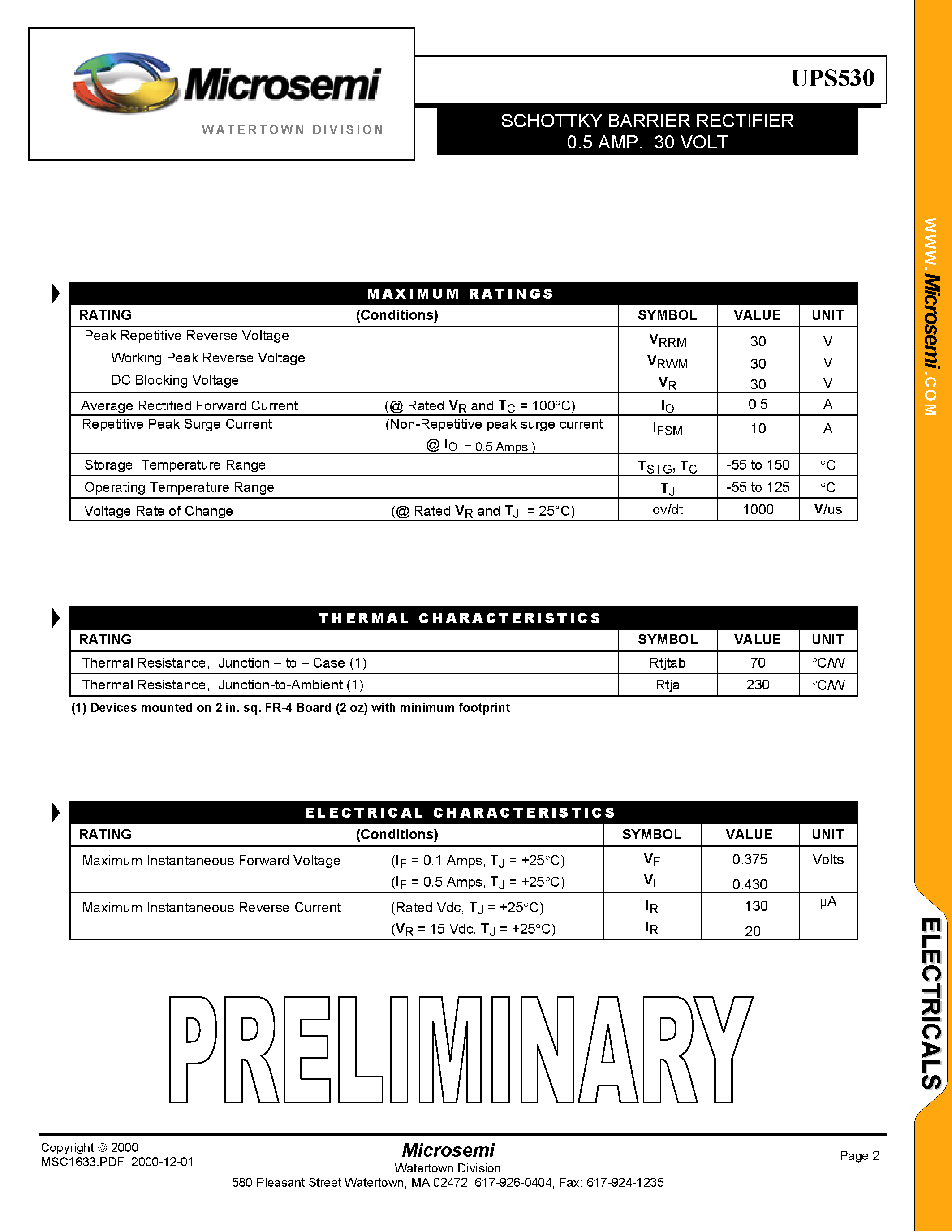 Datasheet UPS530 - SCHOTTKY BARRIER RECTIFIER 0.5 AMP/ 30 VOLT page 2