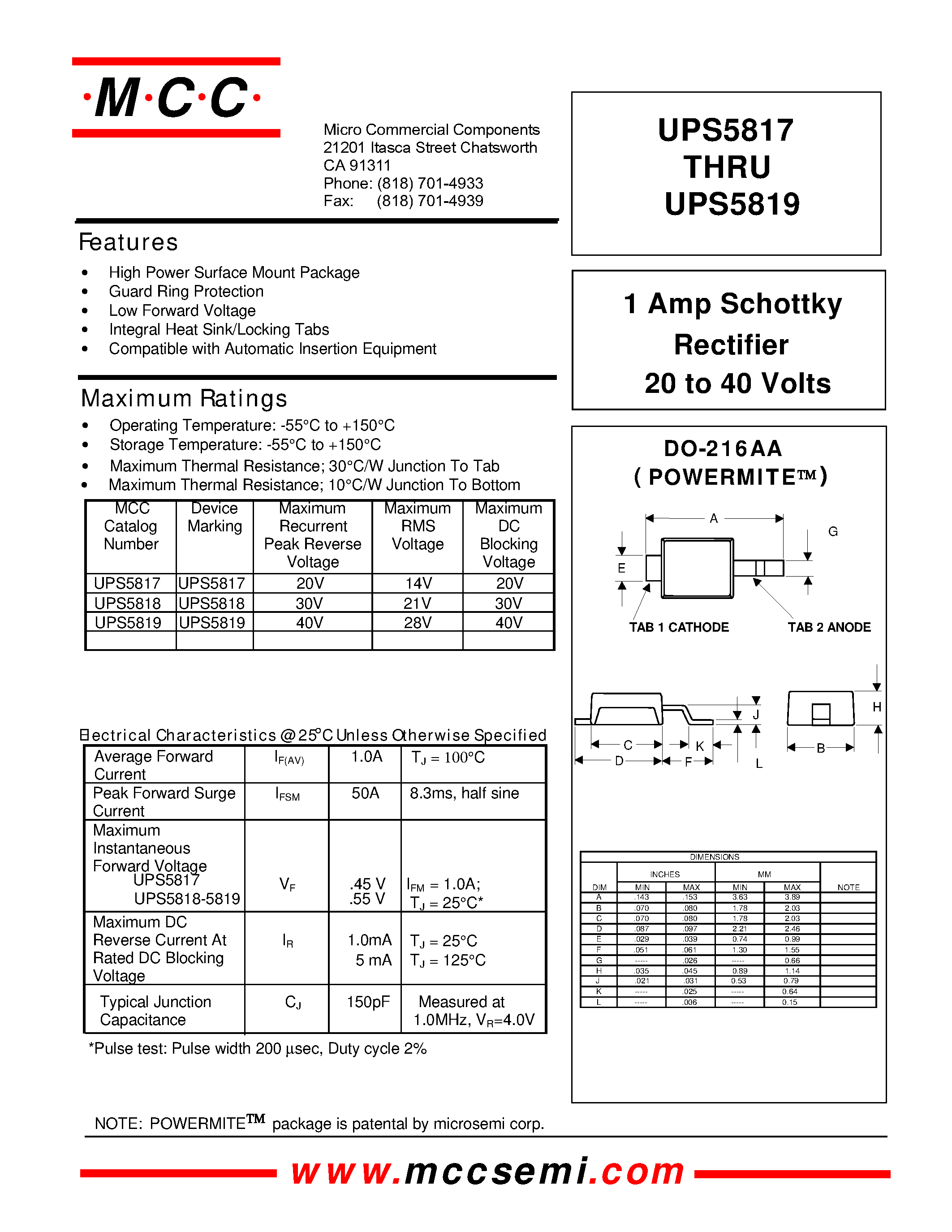 Даташит UPS5817 - 1 Amp Schottky Rectifier 20 to 40 Volts страница 1