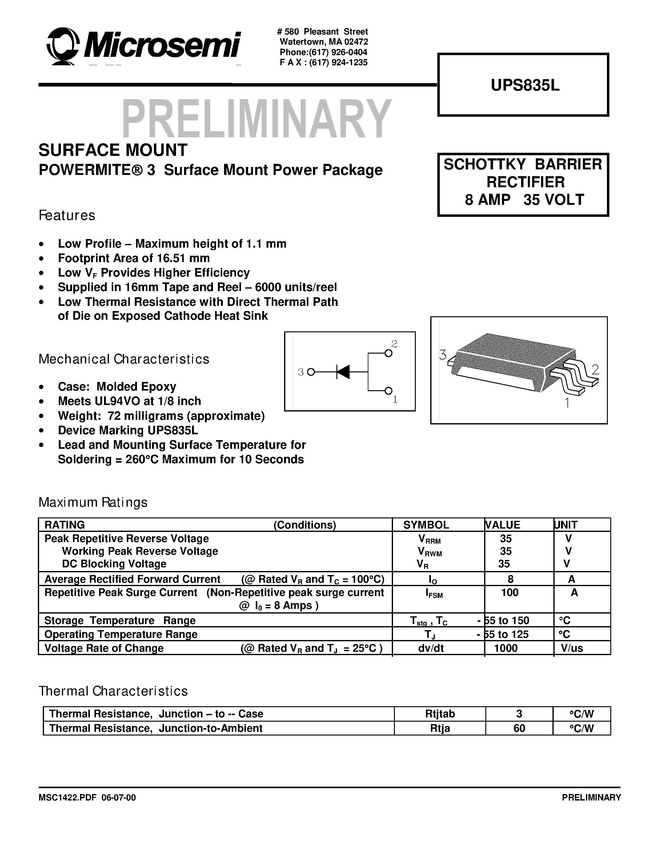 Даташит UPS835L - SCHOTTKY BARRIER RECTIFIER 8 AMP 35 VOLT страница 1