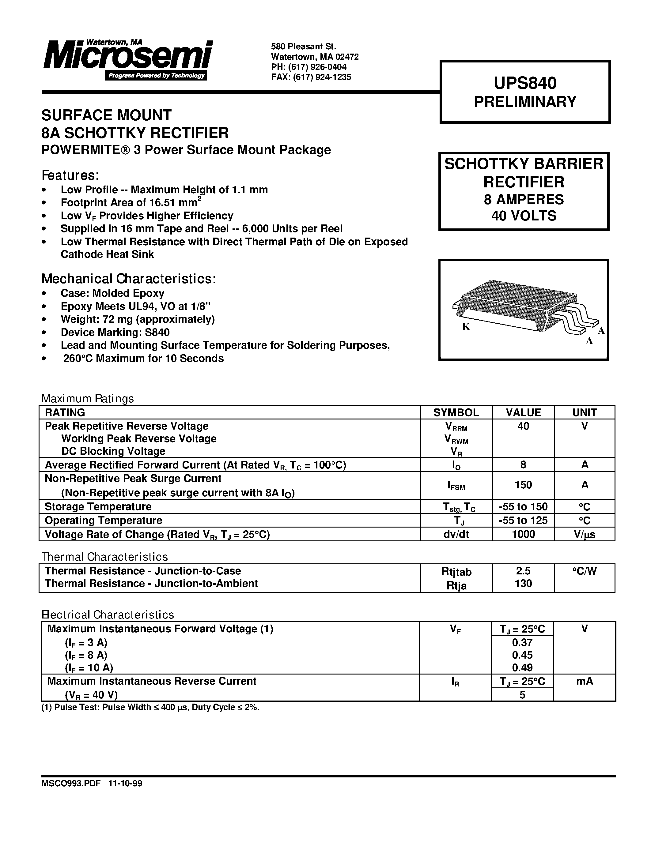 Даташит UPS840 - SCHOTTKY BARRIER RECTIFIER 8 AMPERES 40 VOLTS страница 1