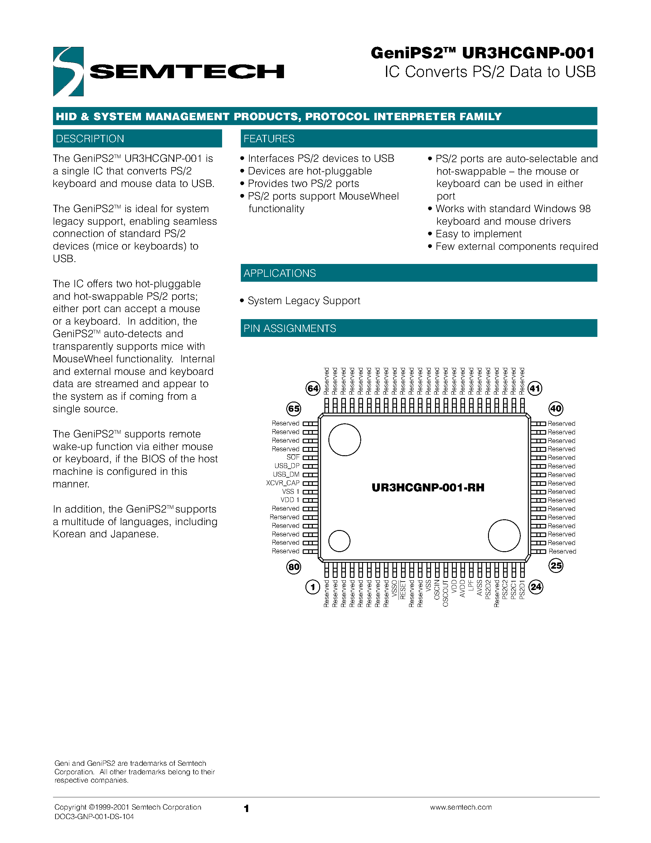 Даташит UR3HCGNP-001 - IC Converts PS/2 Data to USB страница 1