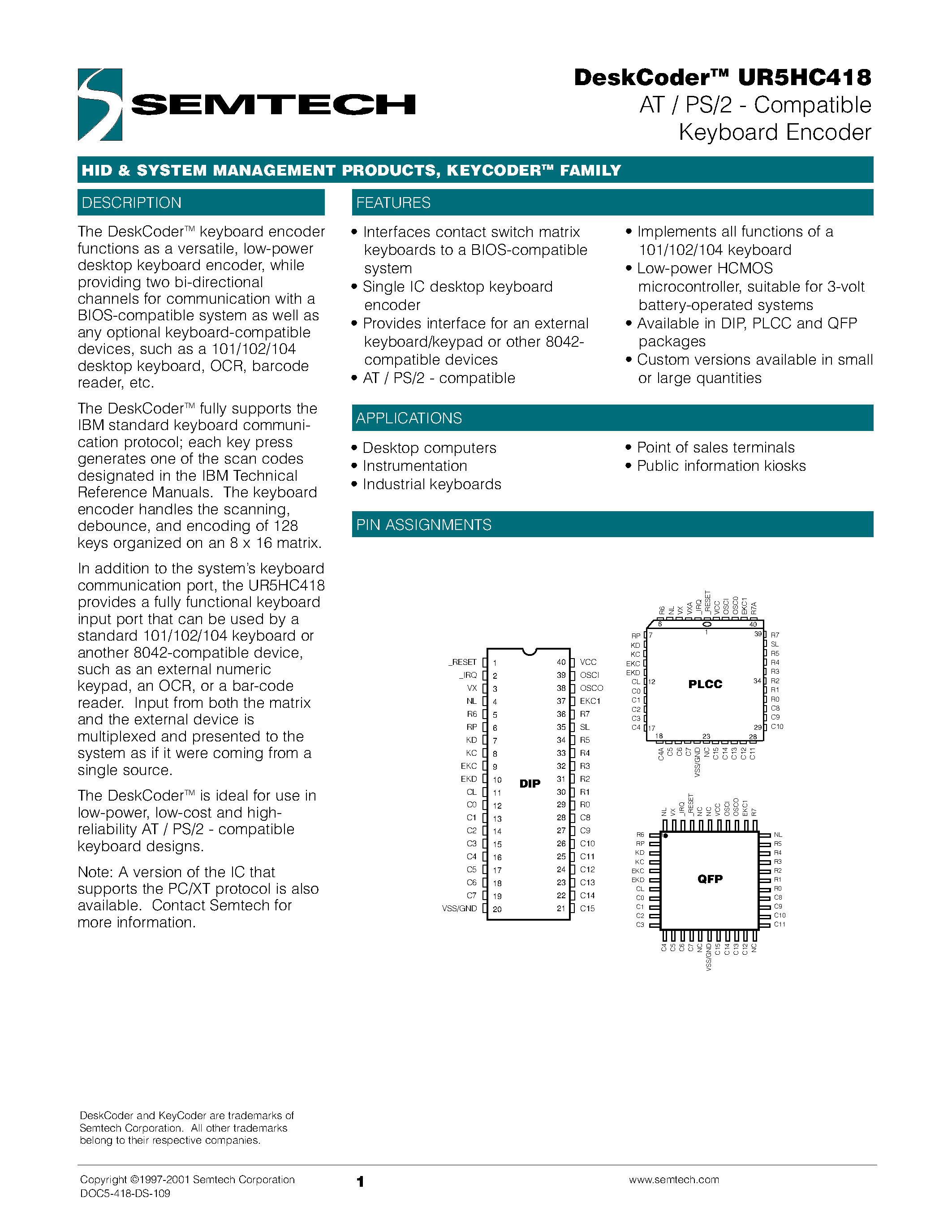 Даташит UR5HC418 - AT / PS/2 - Compatible Keyboard Encoder страница 1