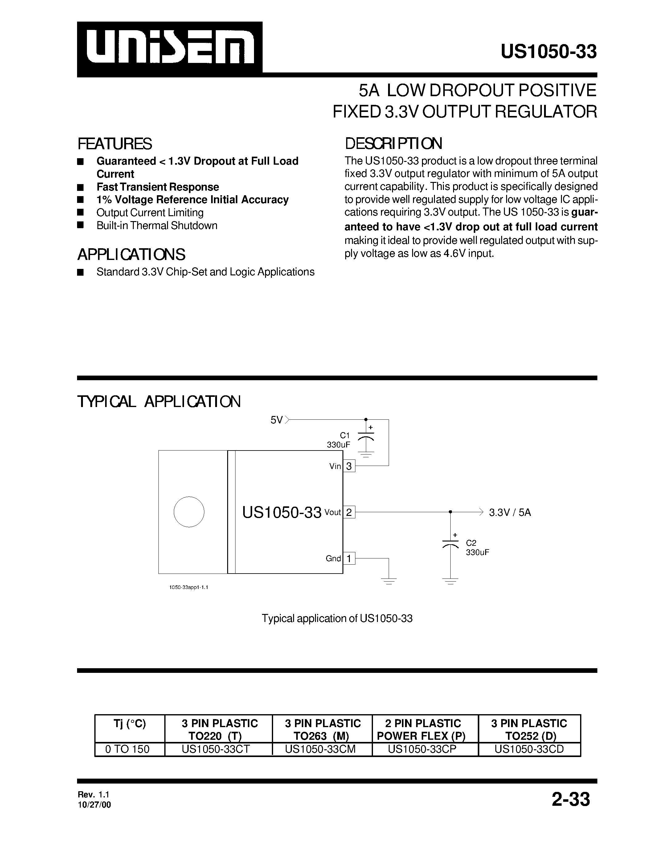 Даташит US1050-33 - 5A LOW DROPOUT POSITIVE FIXED 3.3V OUTPUT REGULATOR страница 1