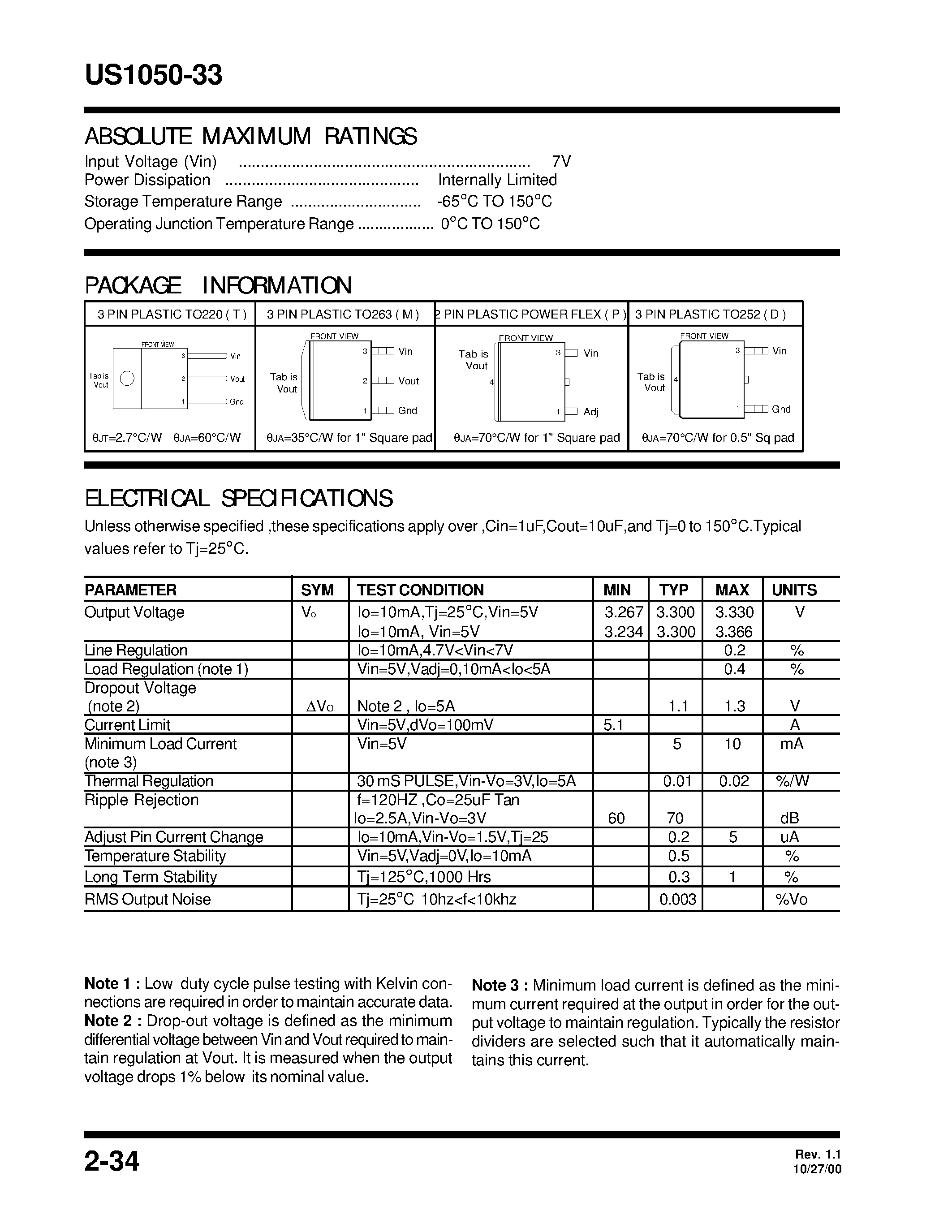 Даташит US1050-33 - 5A LOW DROPOUT POSITIVE FIXED 3.3V OUTPUT REGULATOR страница 2