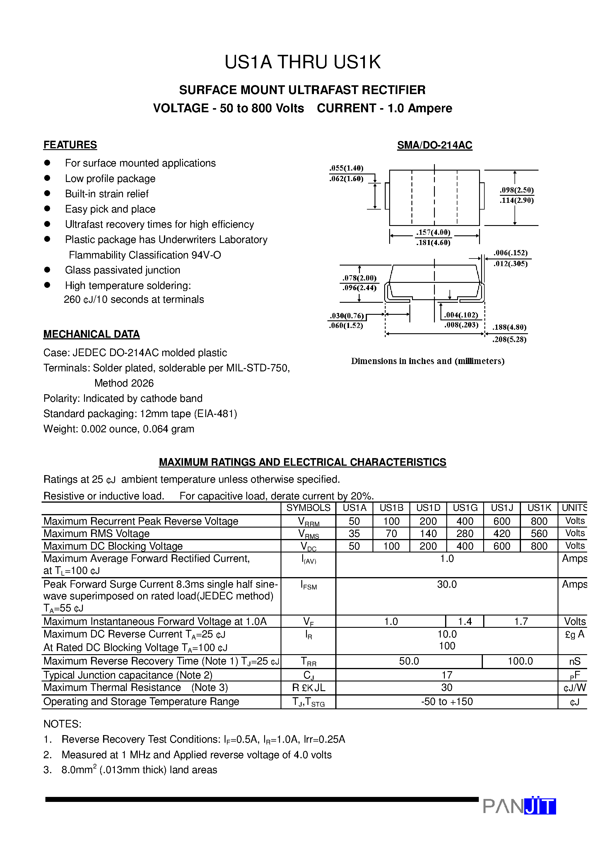 Даташит US1A - SURFACE MOUNT ULTRAFAST RECTIFIER(VOLTAGE - 50 to 800 Volts CURRENT - 1.0 Ampere) страница 1