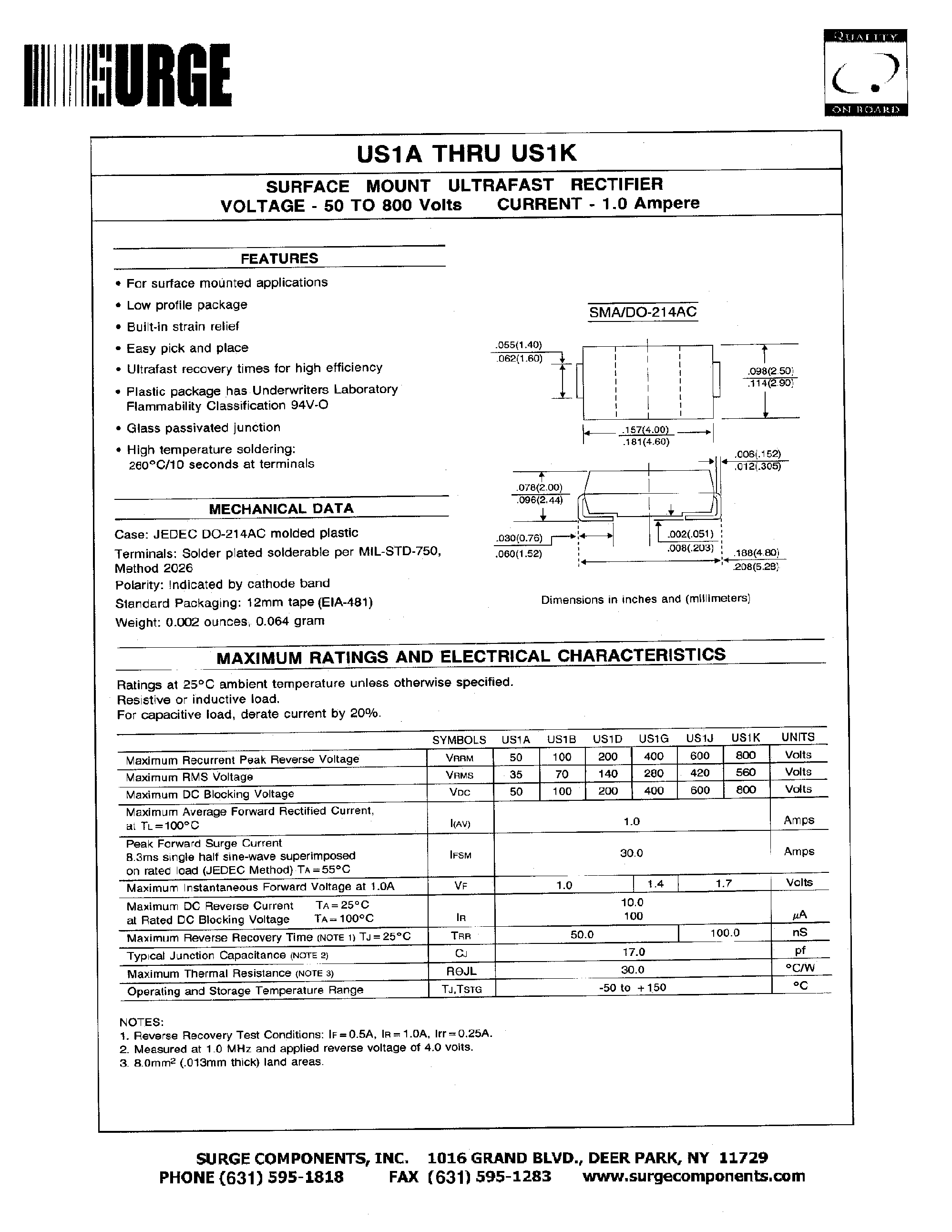 Datasheet US1A - SURFACE MOUNT ULTRAFAST RECTIFIER VOLTAGE - 50 TO 800 Volts CURRENT - 1.0 Ampere page 1