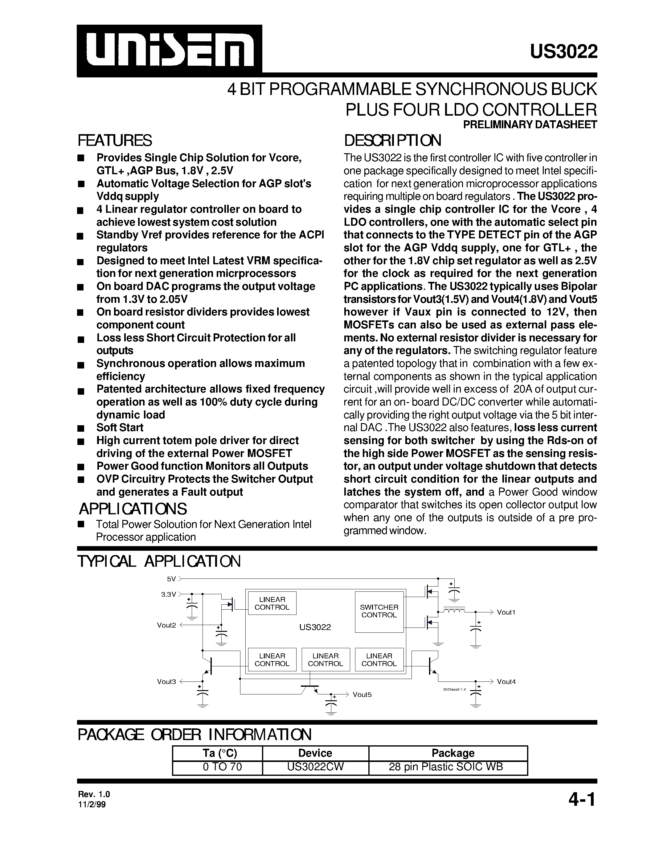 Datasheet US3022 - 4 BIT PROGRAMMABLE SYNCHRONOUS BUCK PLUS FOUR LDO CONTROLLER page 1