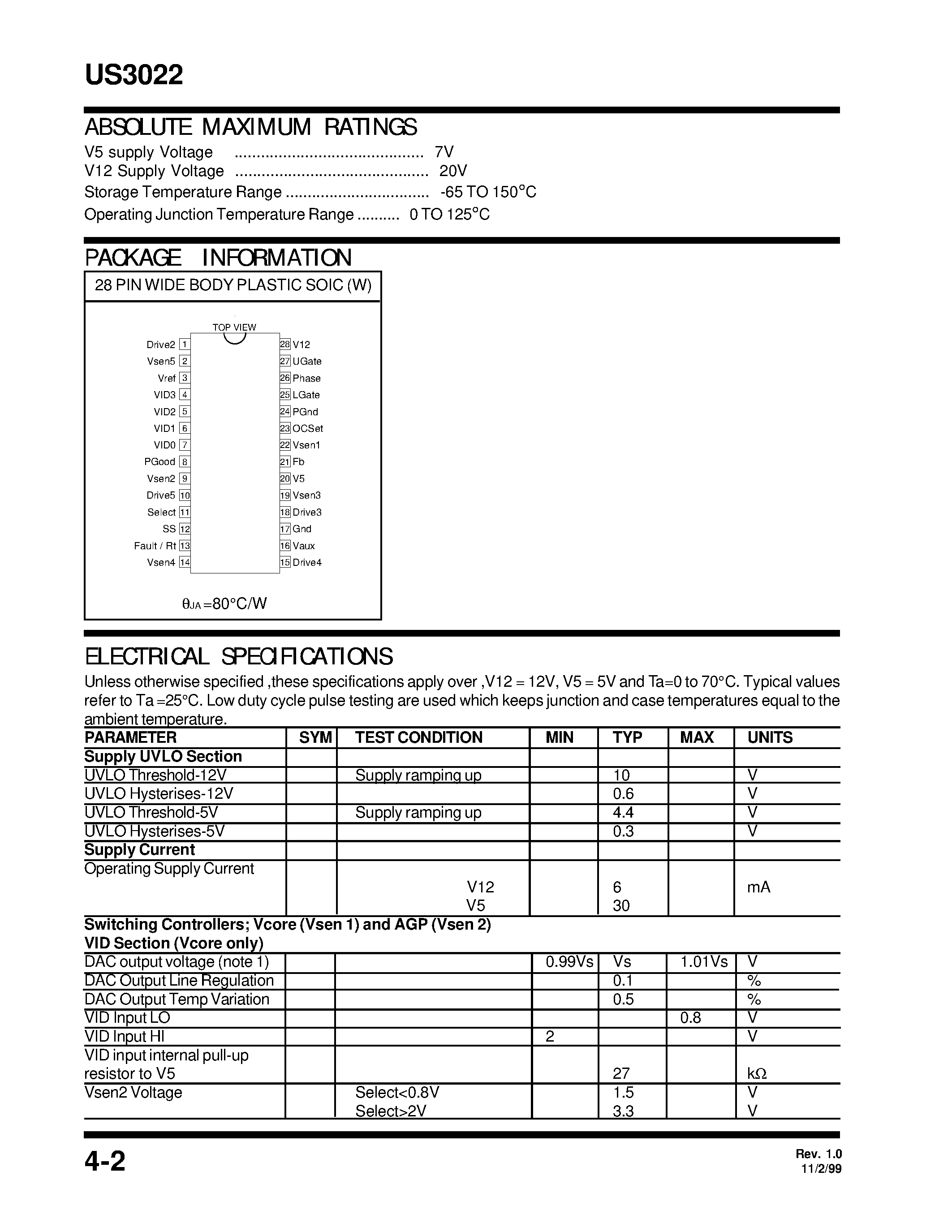 Datasheet US3022 - 4 BIT PROGRAMMABLE SYNCHRONOUS BUCK PLUS FOUR LDO CONTROLLER page 2