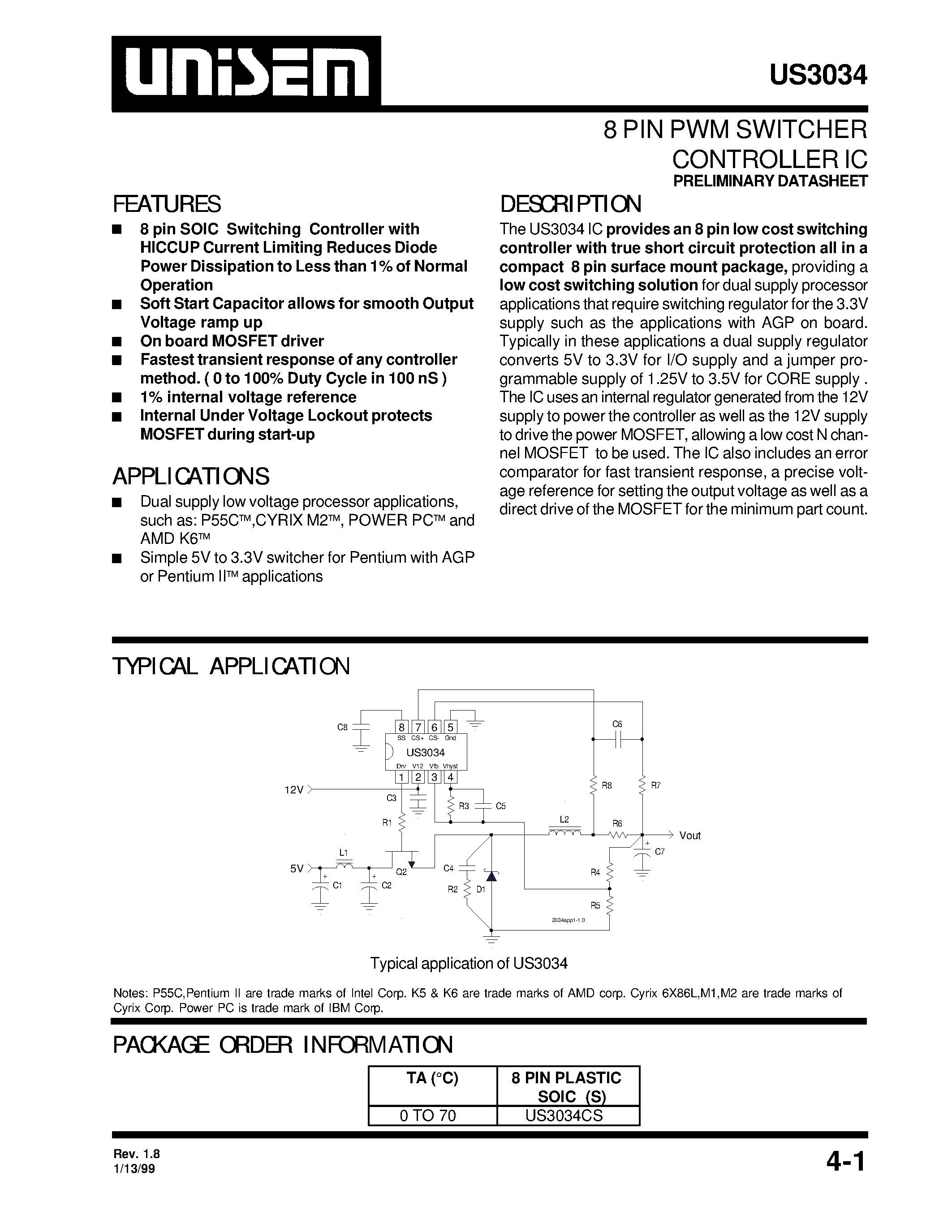 Даташит US3034 - 8 PIN PWM SWITCHER CONTROLLER IC страница 1