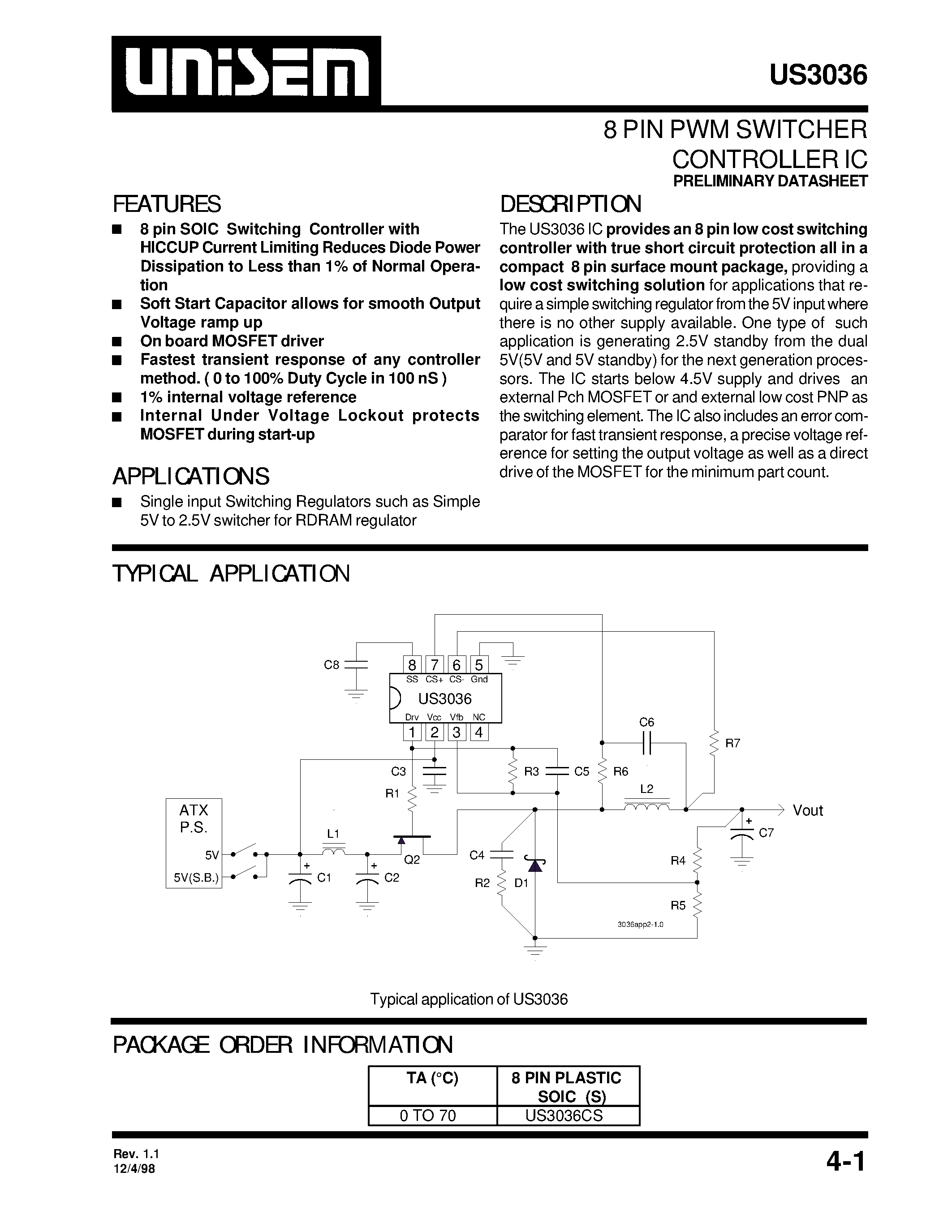 Даташит US3036 - 8 PIN PWM SWITCHER CONTROLLER IC страница 1