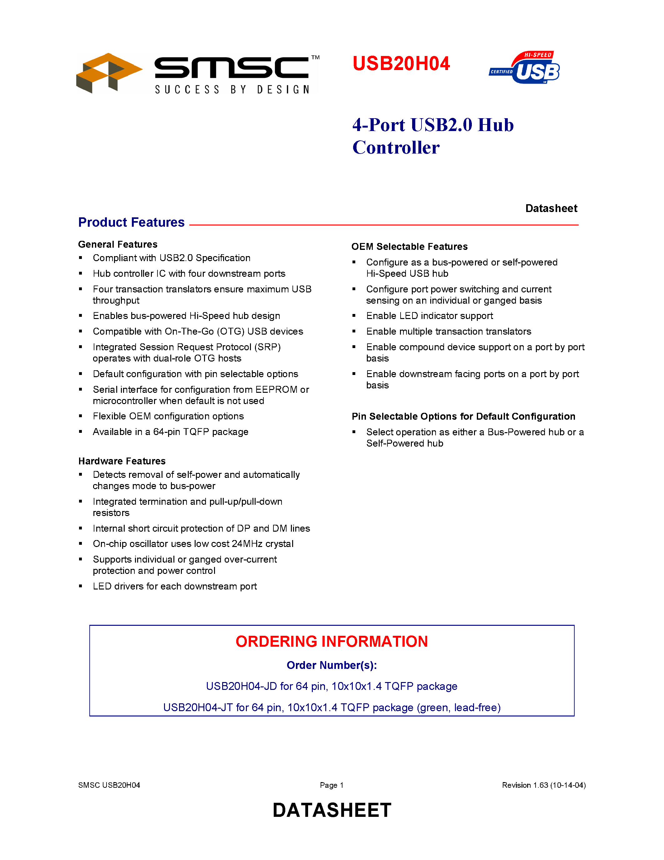 Datasheet USB20H04 - 4-PORT USB2.0 HUB CONTROLLER page 1