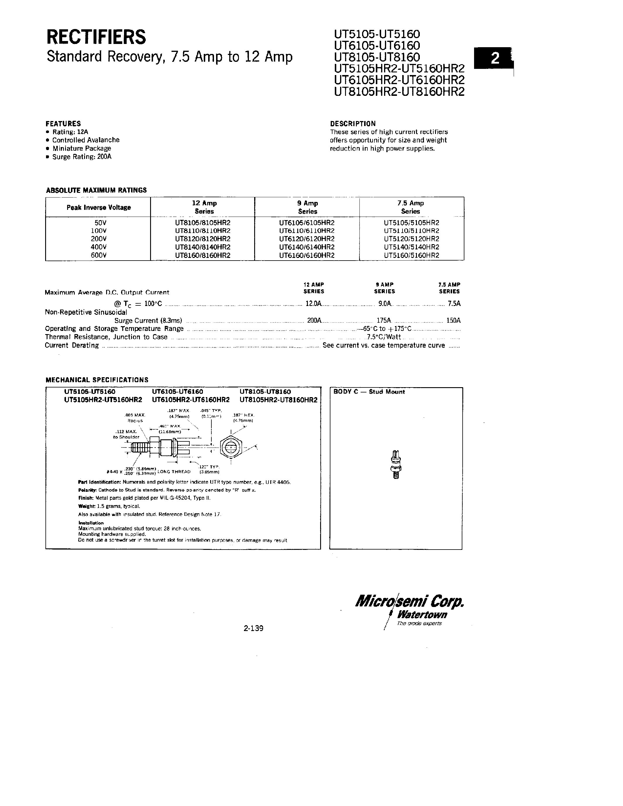 Datasheet UT5105 - RECTIFIERS page 1