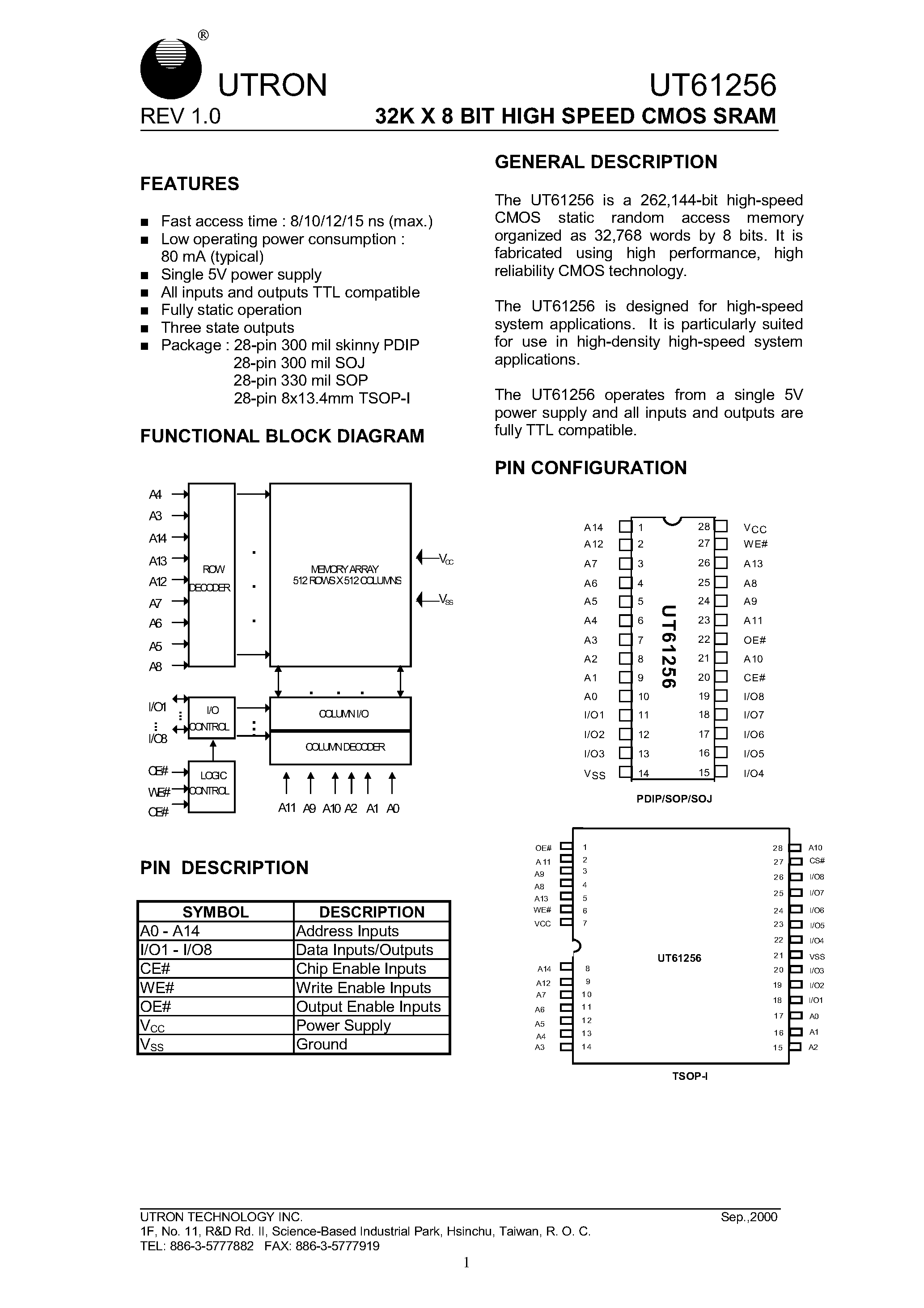 Даташит UT61256 - 32K X 8 BIT HIGH SPEED CMOS SRAM страница 1