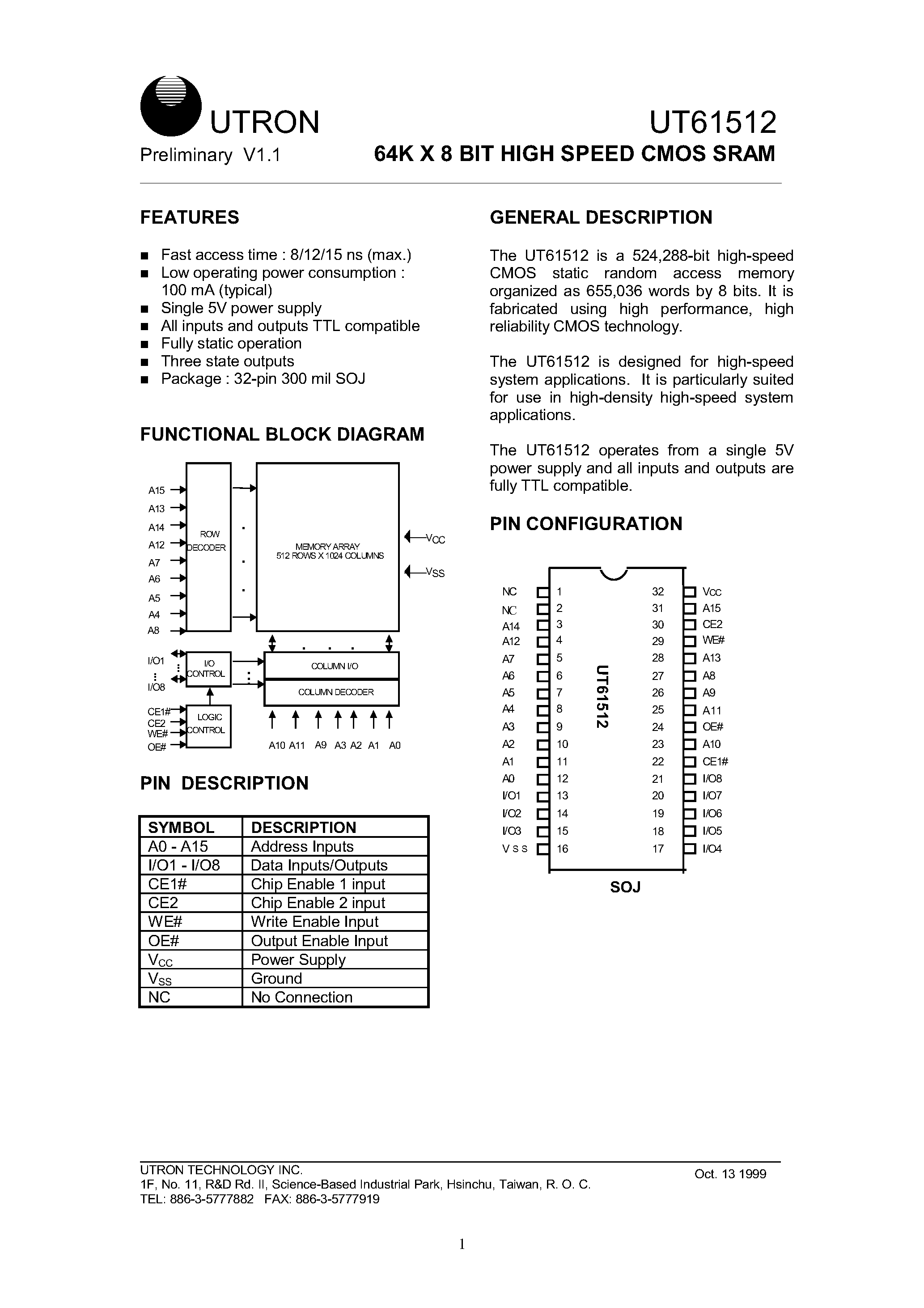 Даташит UT61512 - 64K X 8 BIT HIGH SPEED CMOS SRAM страница 1