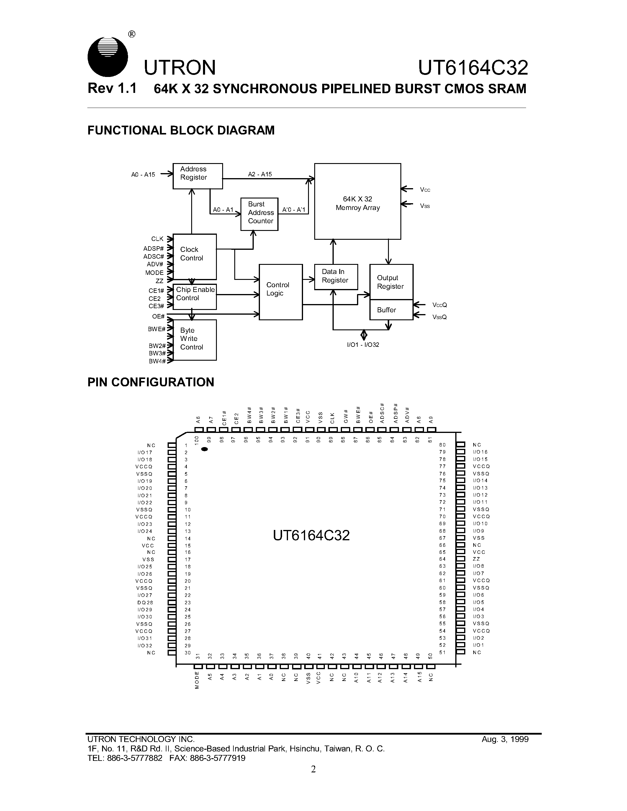 Datasheet UT6164C32Q-6 - 64K X 32 SYNCHRONOUS PIPELINED BURST CMOS SRAM page 2