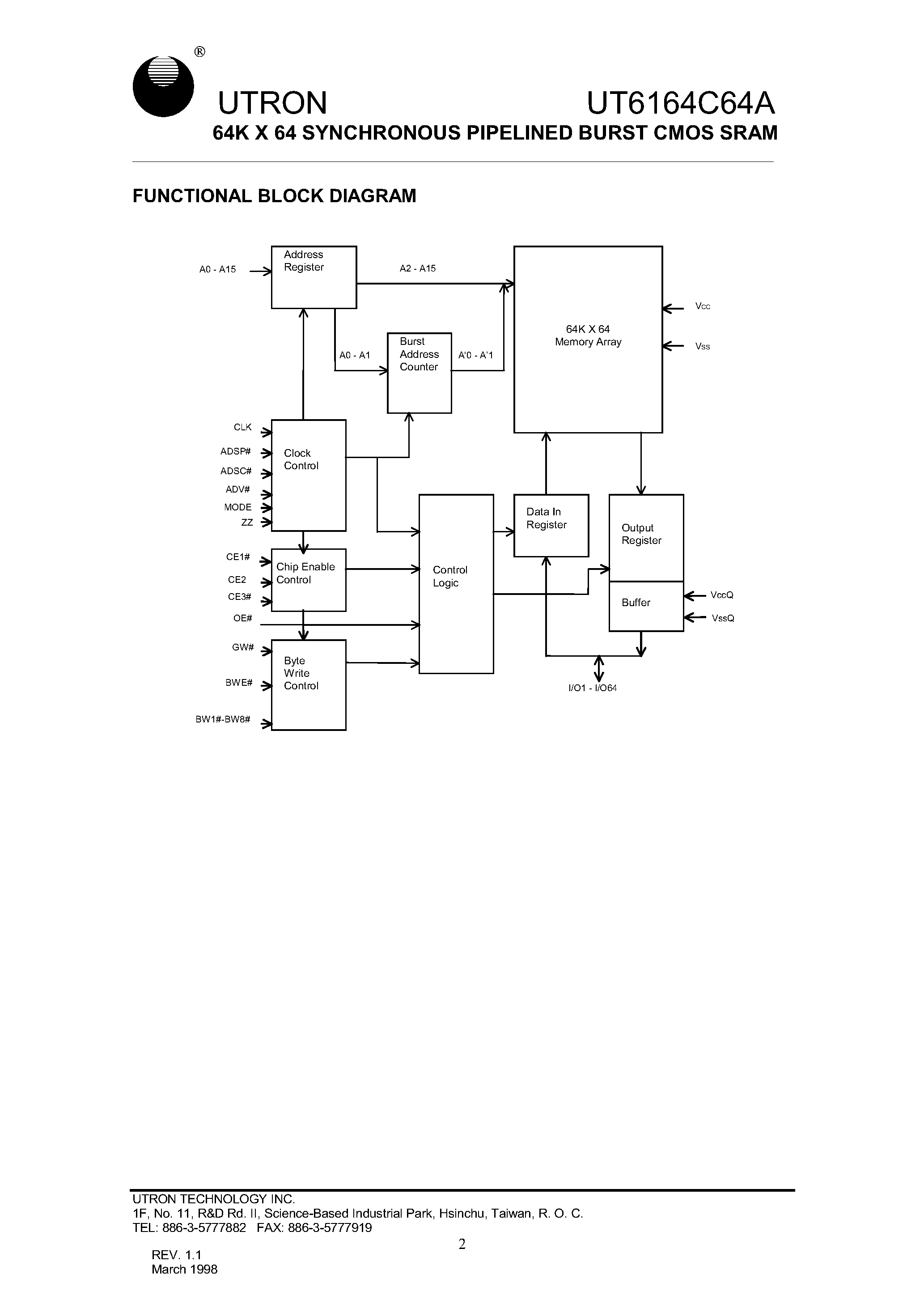 Datasheet UT6164C64AQ-6 - 64K X 64 SYNCHRONOUS PIPELINED BURST CMOS SRAM page 2
