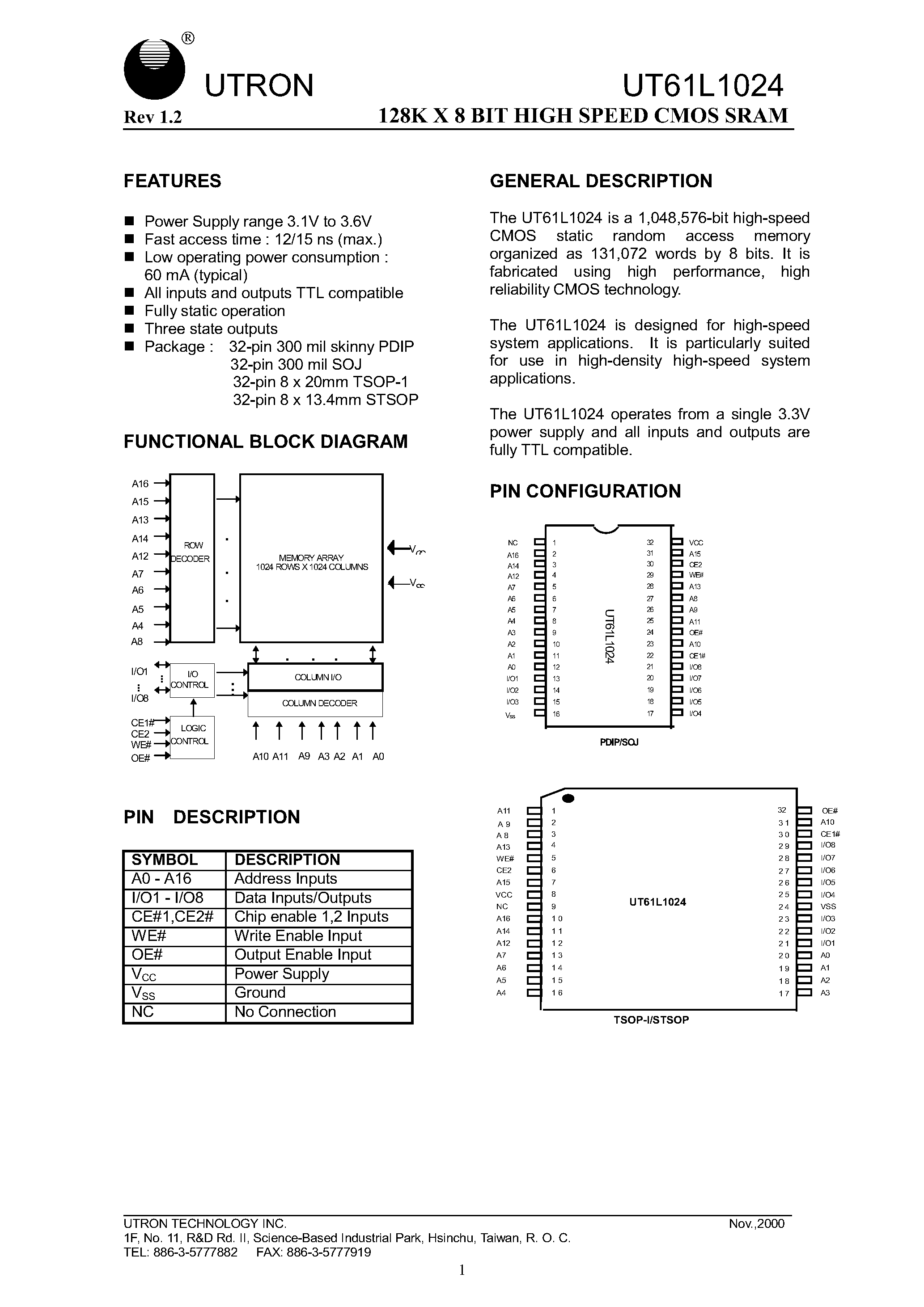 Даташит UT61L1024 - 125K X 8 BIT HIGH SPEED CMOS SRAM страница 1