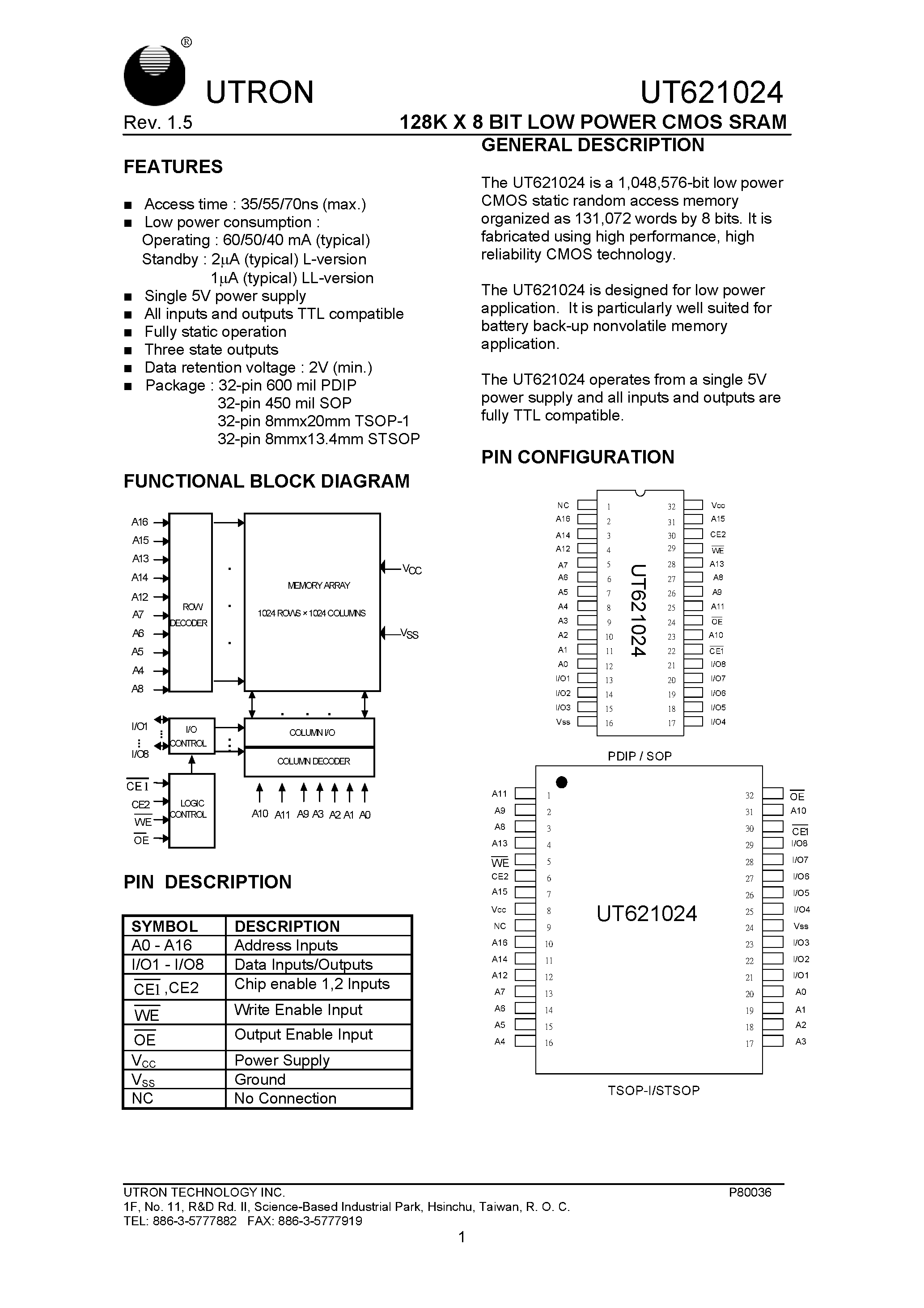 Даташит UT621024LC-35LL - 128K X 8 BIT LOW POWER CMOS SRAM страница 1