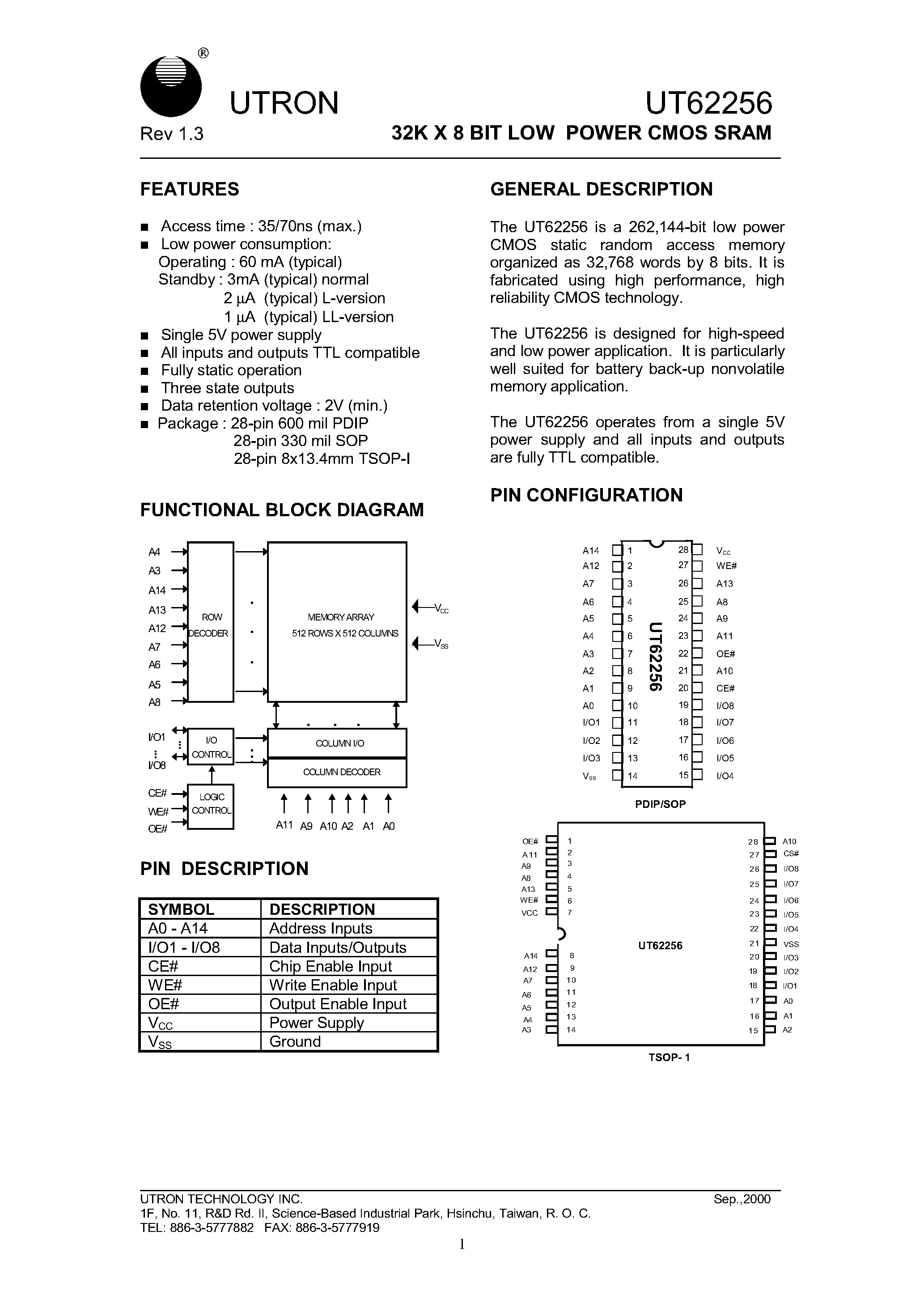 Даташит UT62256 - 32K X 8 BIT LOW POWER CMOS SRAM страница 1
