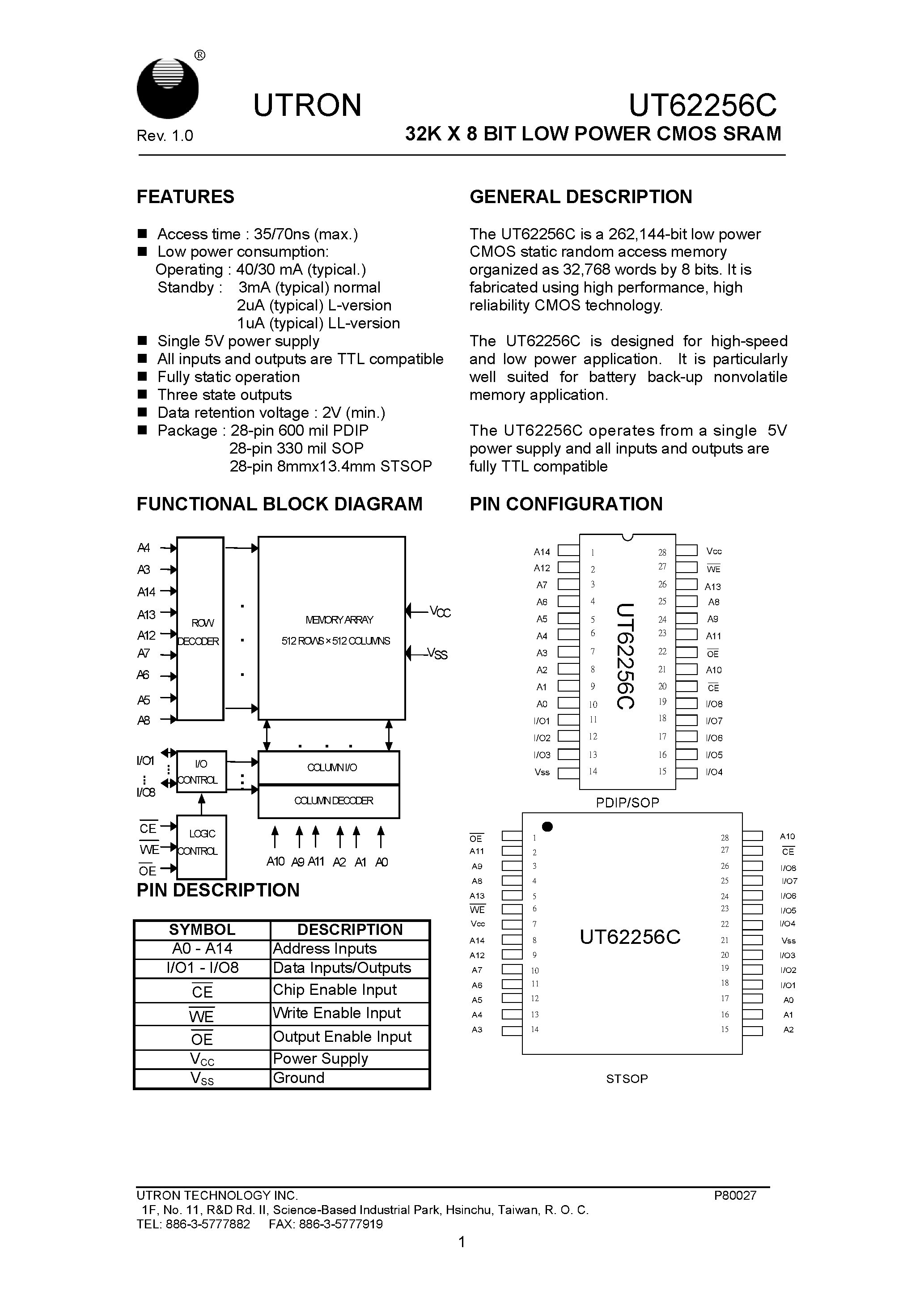 Даташит UT62256C - 32K X 8 BIT LOW POWER CMOS SRAM страница 1